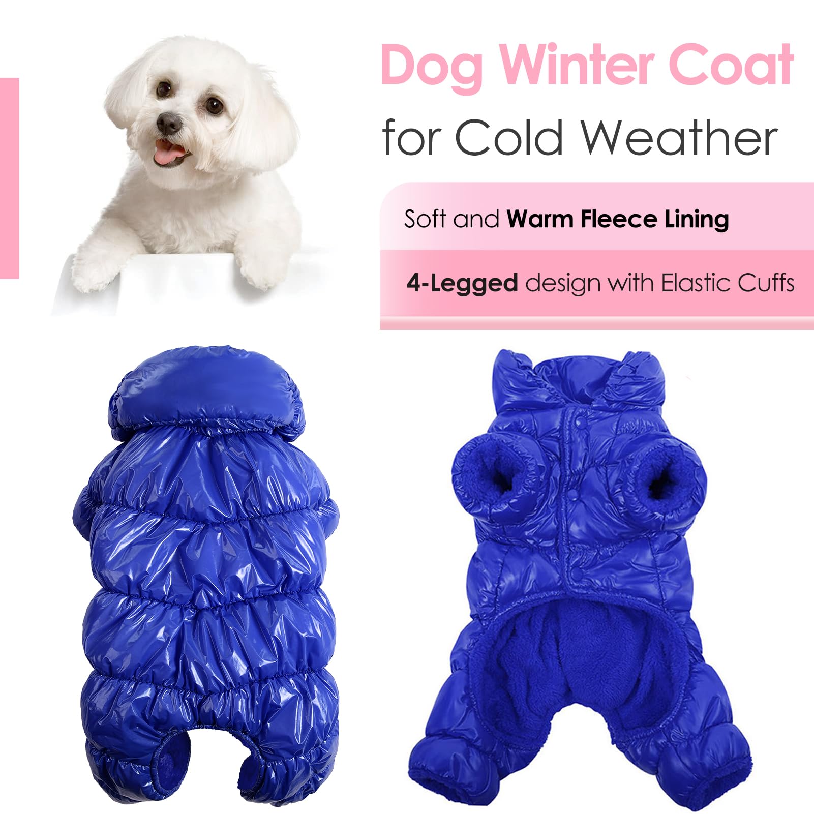 AOFITEE Dog Coat - Waterproof & Windproof Puppy Jacket for Winter, Fullbody Snowsuit, Fleece Vest, Blue, S