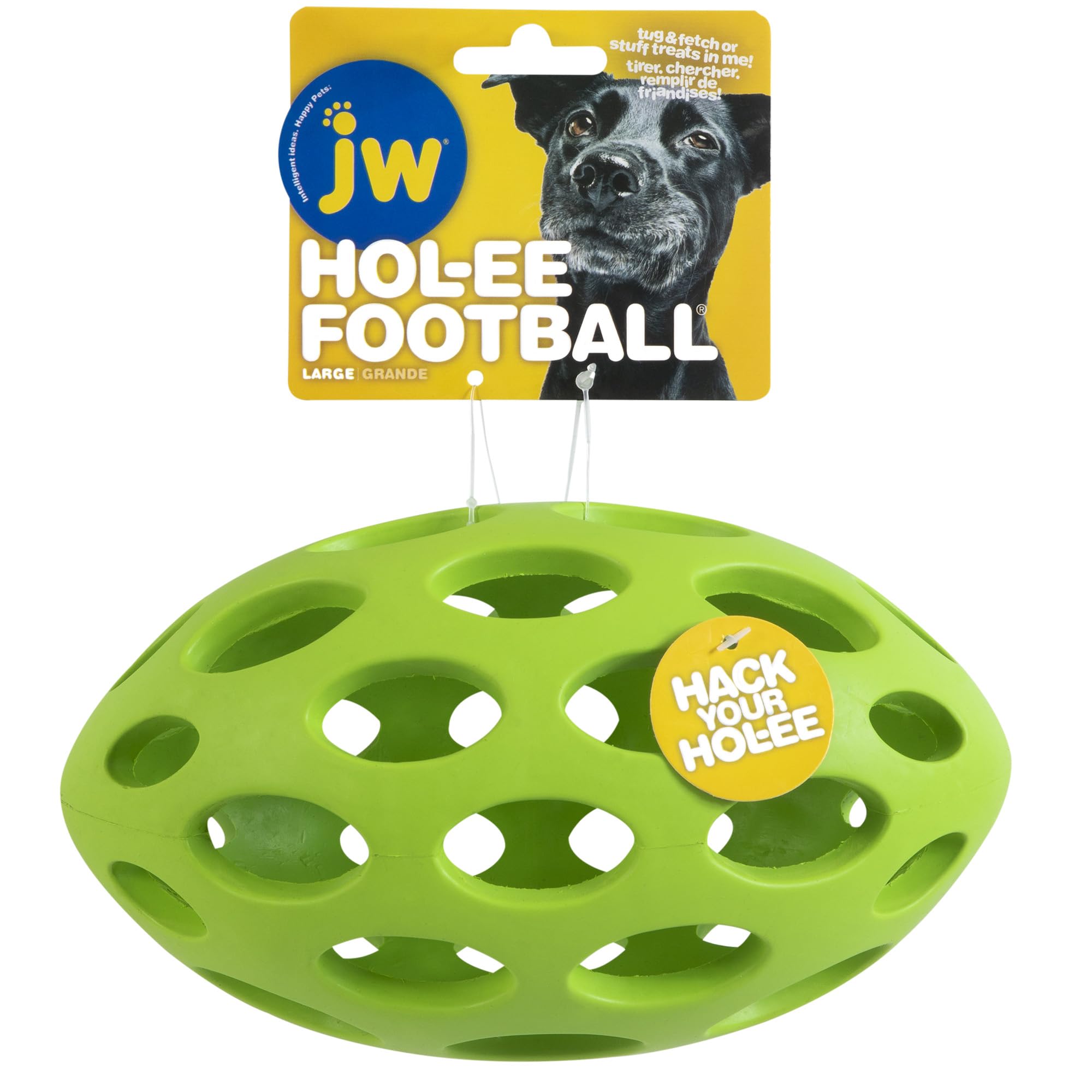JW Pet Hol-ee Football Dog Toy Puzzle Ball, Natural Rubber, Large (9 Inch Length), Colors May Vary