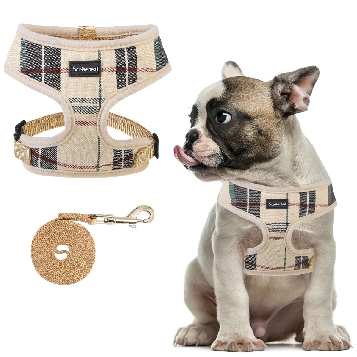 Scenereal Puppy Dog Harness With Leash Set For Small Medium Sized Dogs, Soft Mesh Step In Pet Harnesses And Leash, No Chock Plaid Adjustible No Pull Vest For Dogs Cats, Chihuahua,Bulldog (Beige M)