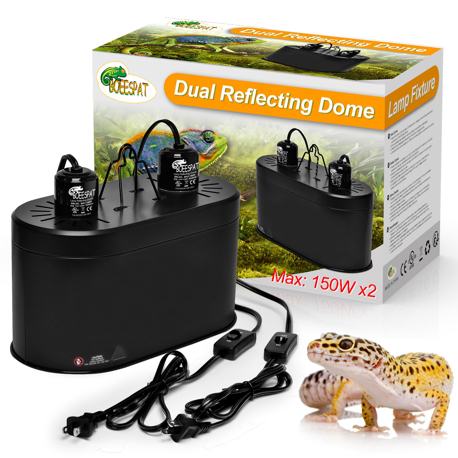 Boeespat Dual Reptile Reflector Dome Lamp Fixture Cap With Separate Switches For Reptile & Amphibian Habitat Terrariums (Max 150