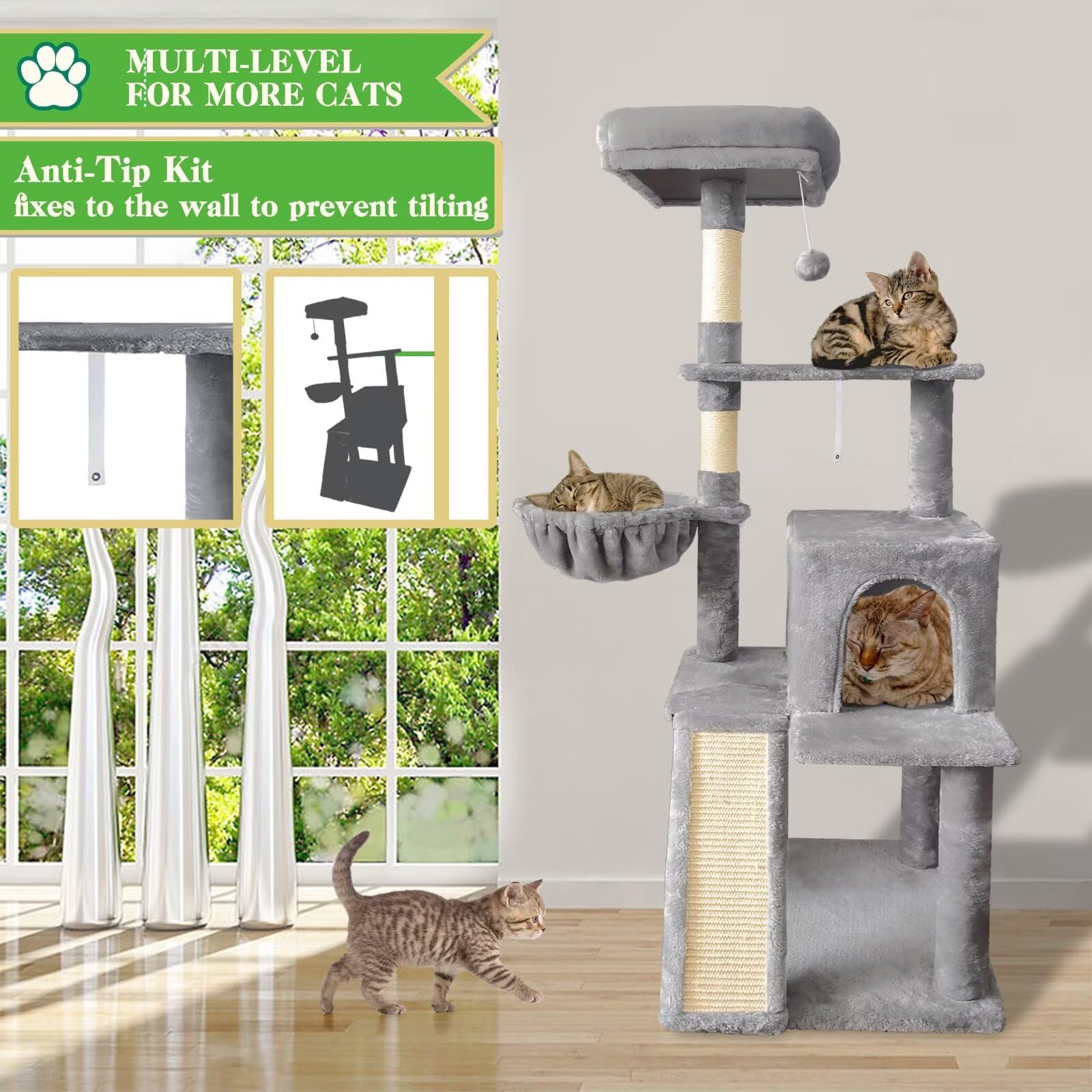 Pempet 57'' Cat Tree Tower For Indoor Cats, Multi-Level Cat Tower Condo With Sisal Scratching Post (Light Gray)