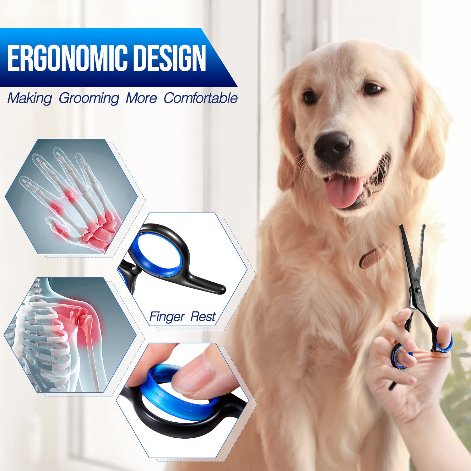 Gimars Dog Grooming Scissors Kit Professional 4Cr With Safety Round Tip, 5 In 1 Heavy Duty Titanium Coated Thinning & Curved & Straight Shears Black