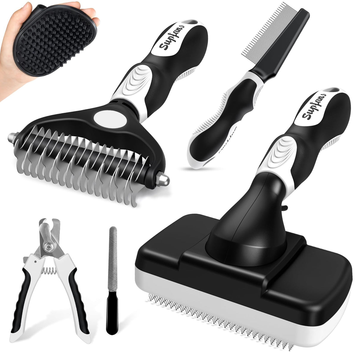 Augwind 6 In 1 Pet Grooming Kit I Dog&Cat Comb I Dog/Cat Brush For Shedding I Deshedding Dog Brush I Dog/Cat Nail Clipper With Nail File I Pet Bath Brush I Premium Pet Supplies (Black White)
