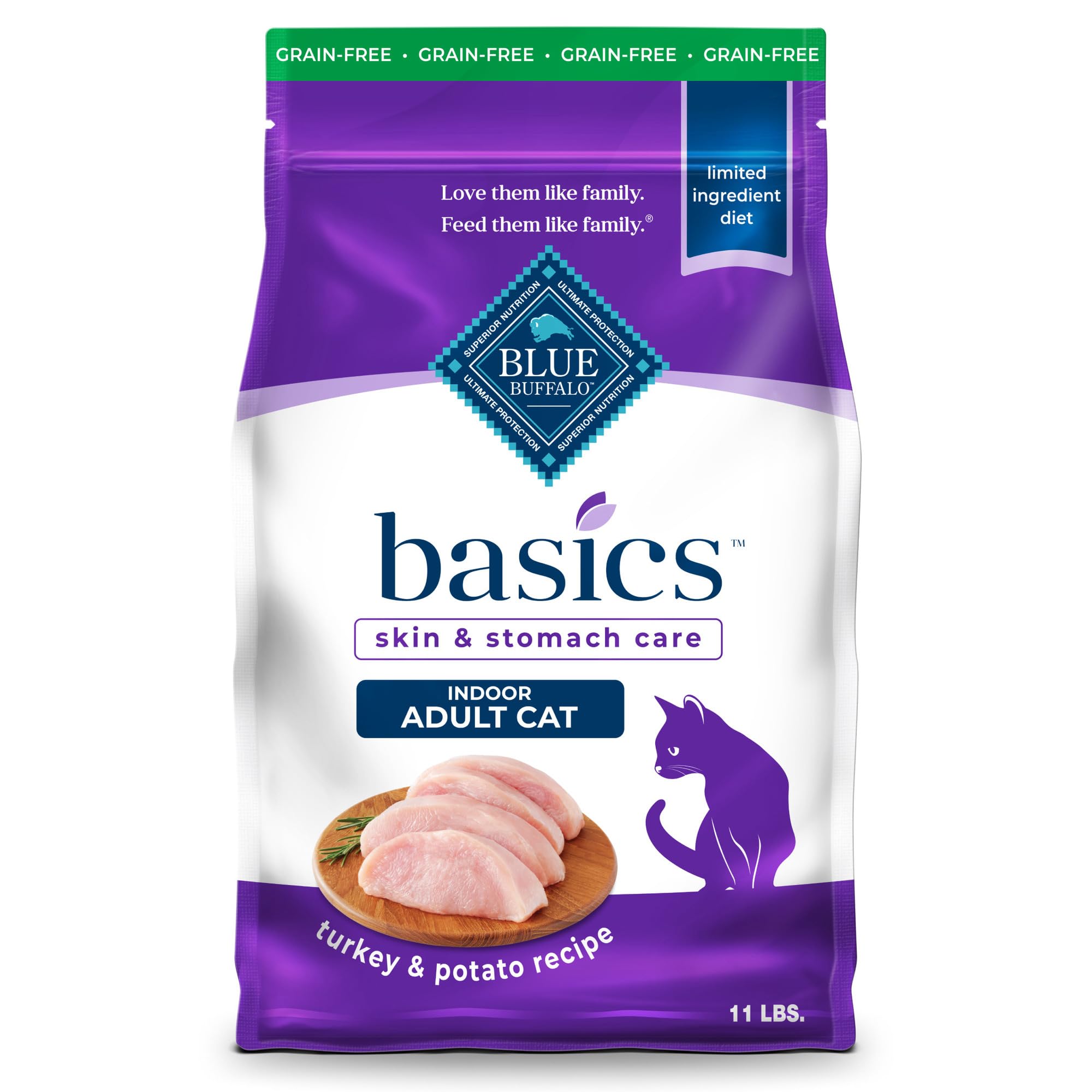 Blue Buffalo Basics Grain-Free Dry Cat Food, Skin & Stomach Care, Limited Ingredient Diet for Indoor Cats, Turkey & Potato Recip