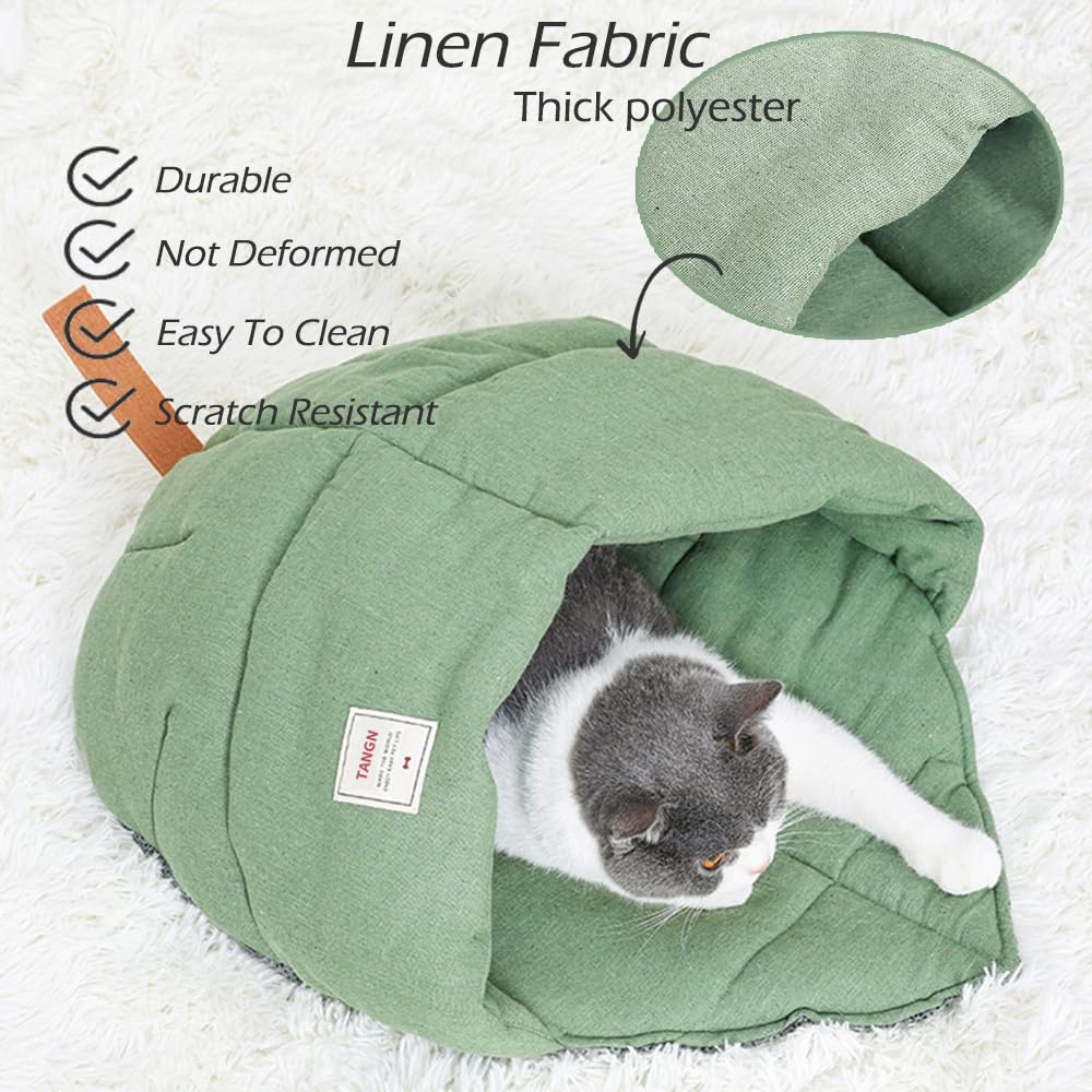 TANGN Cat Sleeping Bag - Cozy Linen Fabric Bed Cave for Indoor Puppy & Kitten, Green, Model PD50082