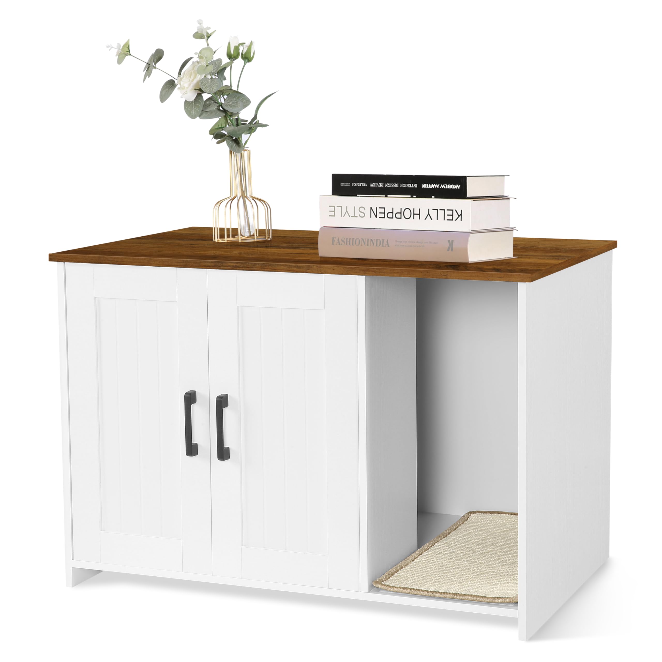 Dwanton Litter Box Enclosure, Cat Litter Box Furniture Hidden, With Scratching Mat, Wooden Cat Washroom Indoor, 31.5'' L X 19.7'