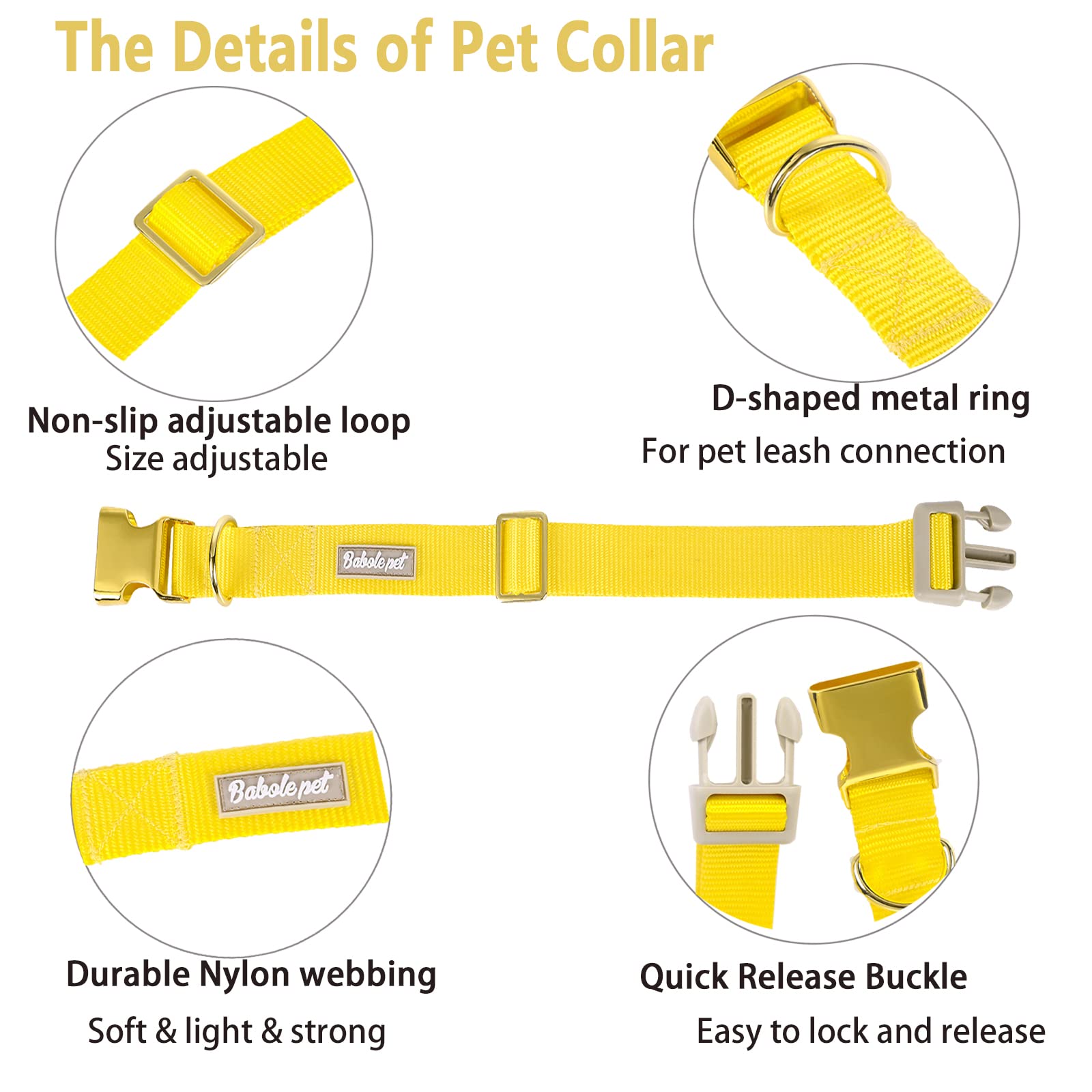 Babole Pet Nylon Dog Collar - Adjustable Yellow Soft Webbing Dog Collars For Small Medium Large Dogs Boy Girl Puppy Collar With