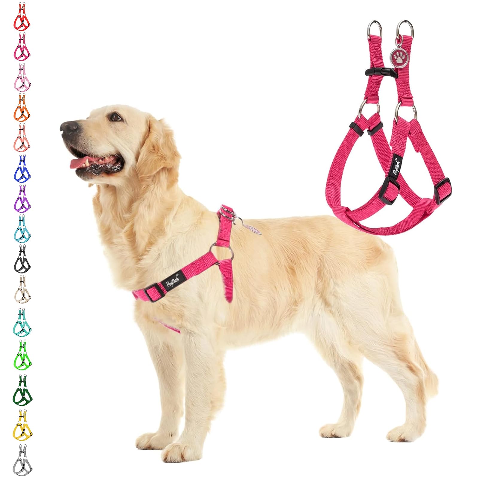 Pupteck No Pull Dog Harness Soft Adjustable Basic Nylon Step In Puppy Vest Outdoor Walking With Id Tag Deeppink