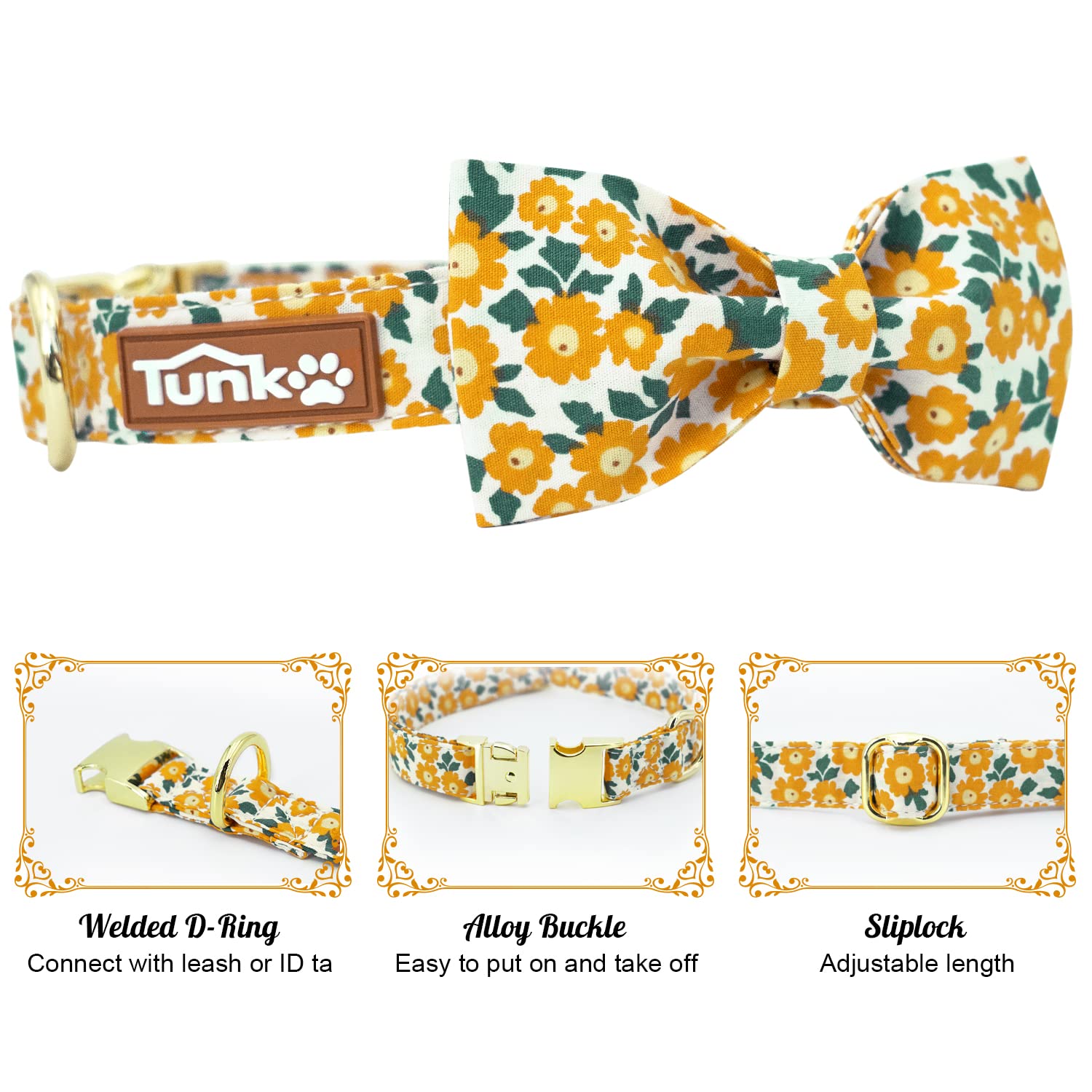 Tunkoo Dog Collar Floral With Elegant Bow Tie Soft Comfy Cotton Adjustable Collar, Premium Metal Buckle For Puppy And Cat Small