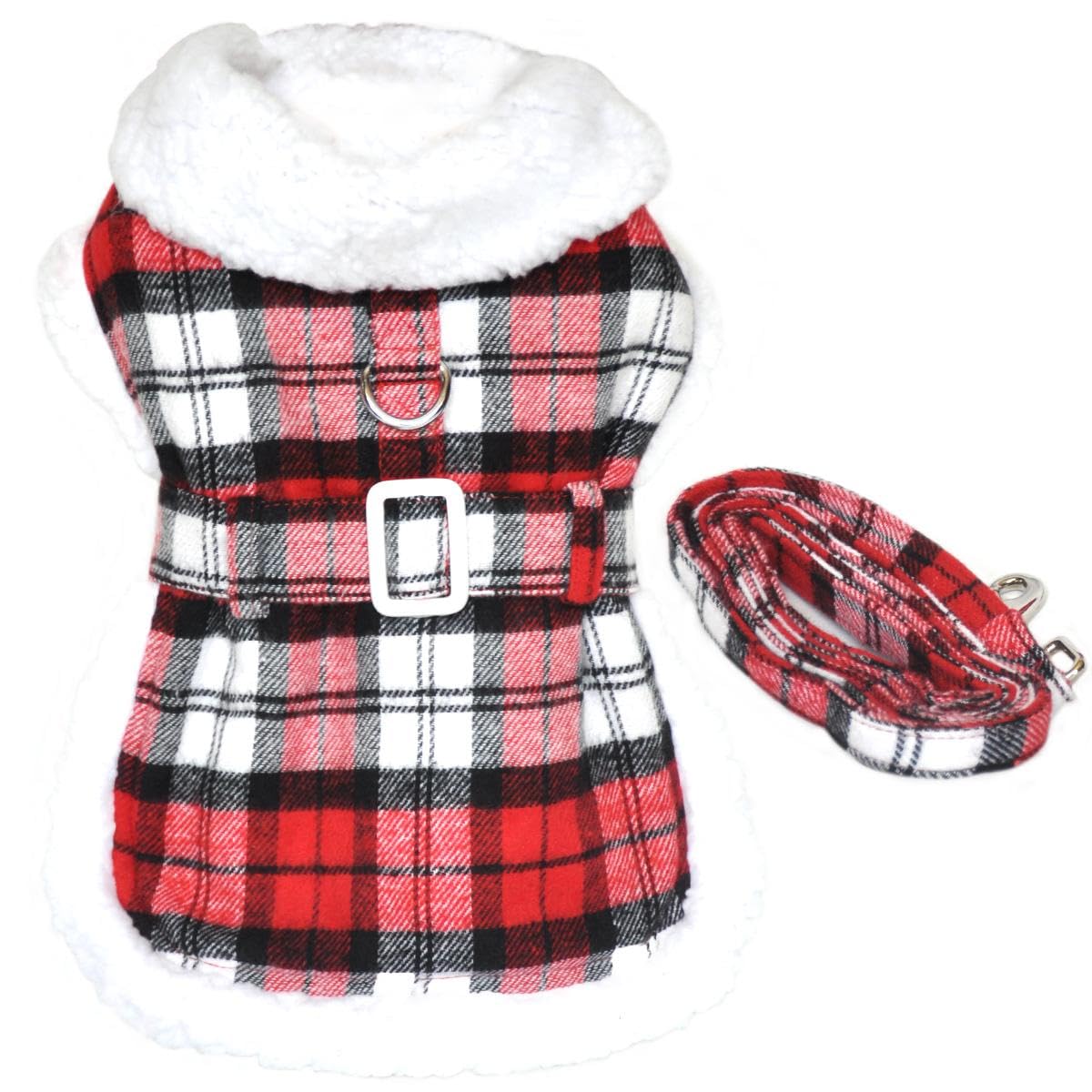 Doggie Design Plaid Fur-Trimmed Dog Harness Coat - Red And White (X-Large)