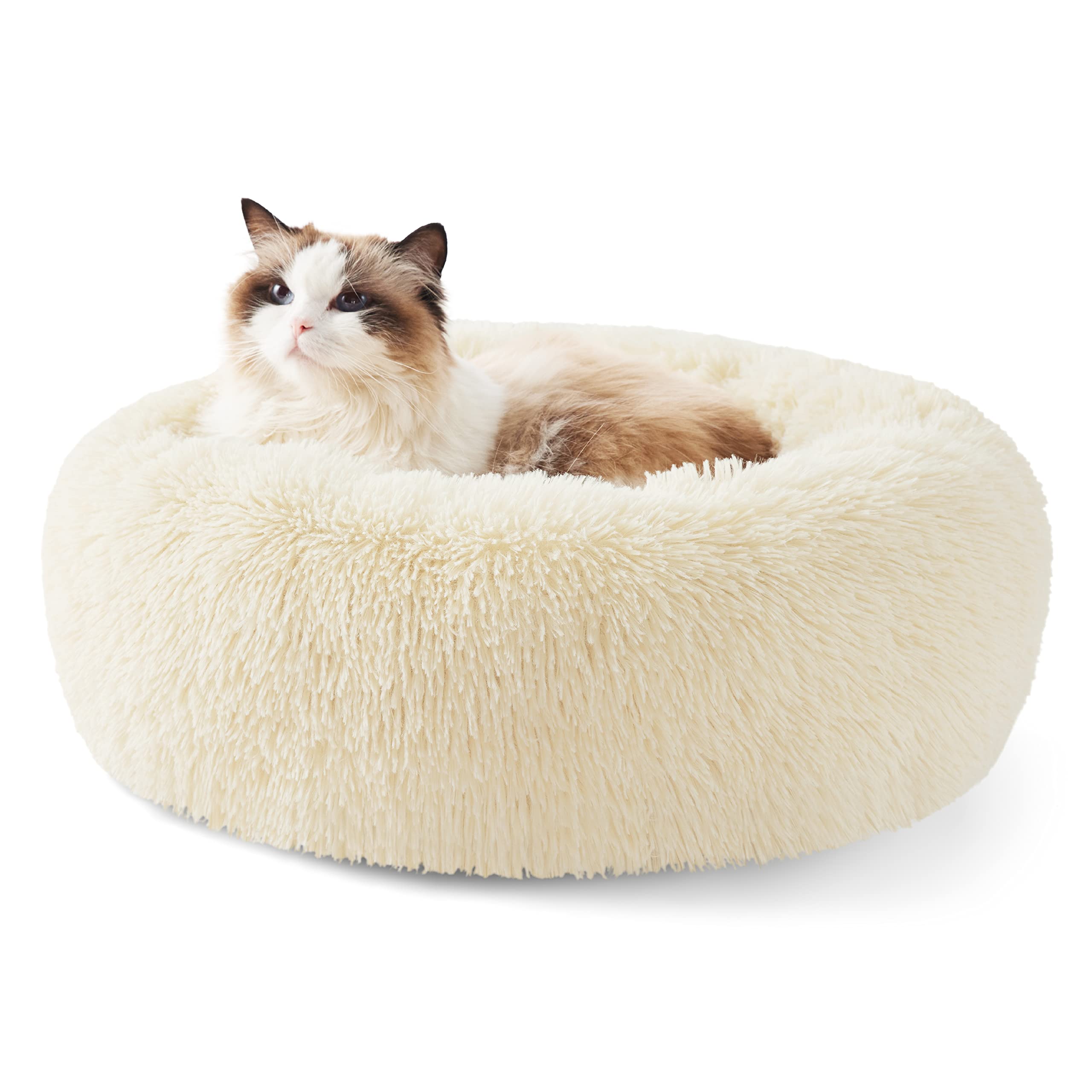 Bedsure Calming Cat Bed For Indoor Cats - Small Washable Round Cat Bed, Anti-Slip Fluffy Plush Faux Fur Pet Bed, Fits Up To 15 L