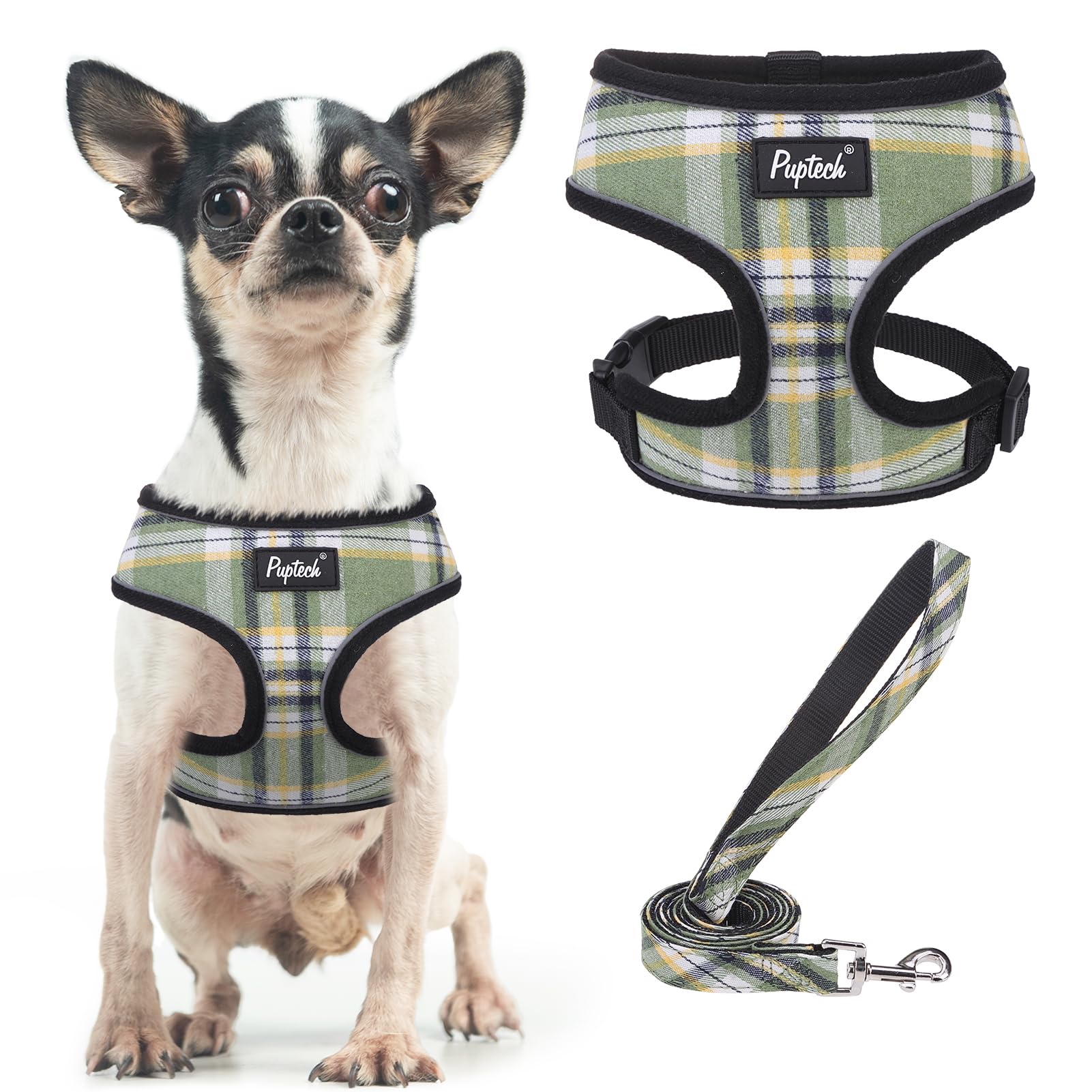 Pupteck Soft Mesh Dog Harness And Leash Set Pet Puppy Cat Comfort Padded Vest No Pull Harnesses, Green/Yellow, Xs