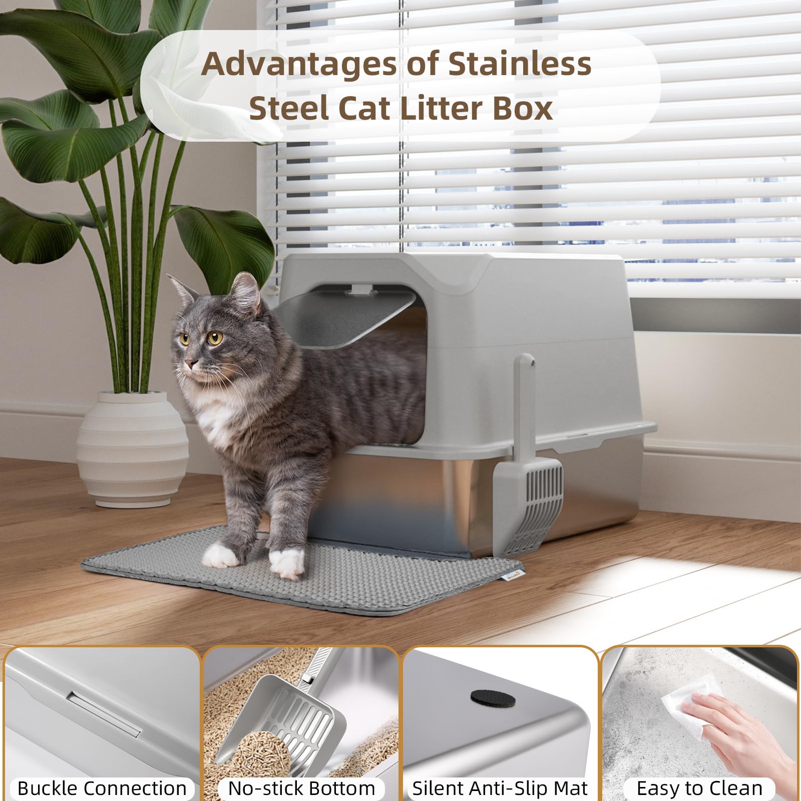 Amniau Stainless Steel Cat Litter Box with Lid, Extra Large Litter Box, Great for Large & Small Cat, Easy to Clean, Anti-Leakage