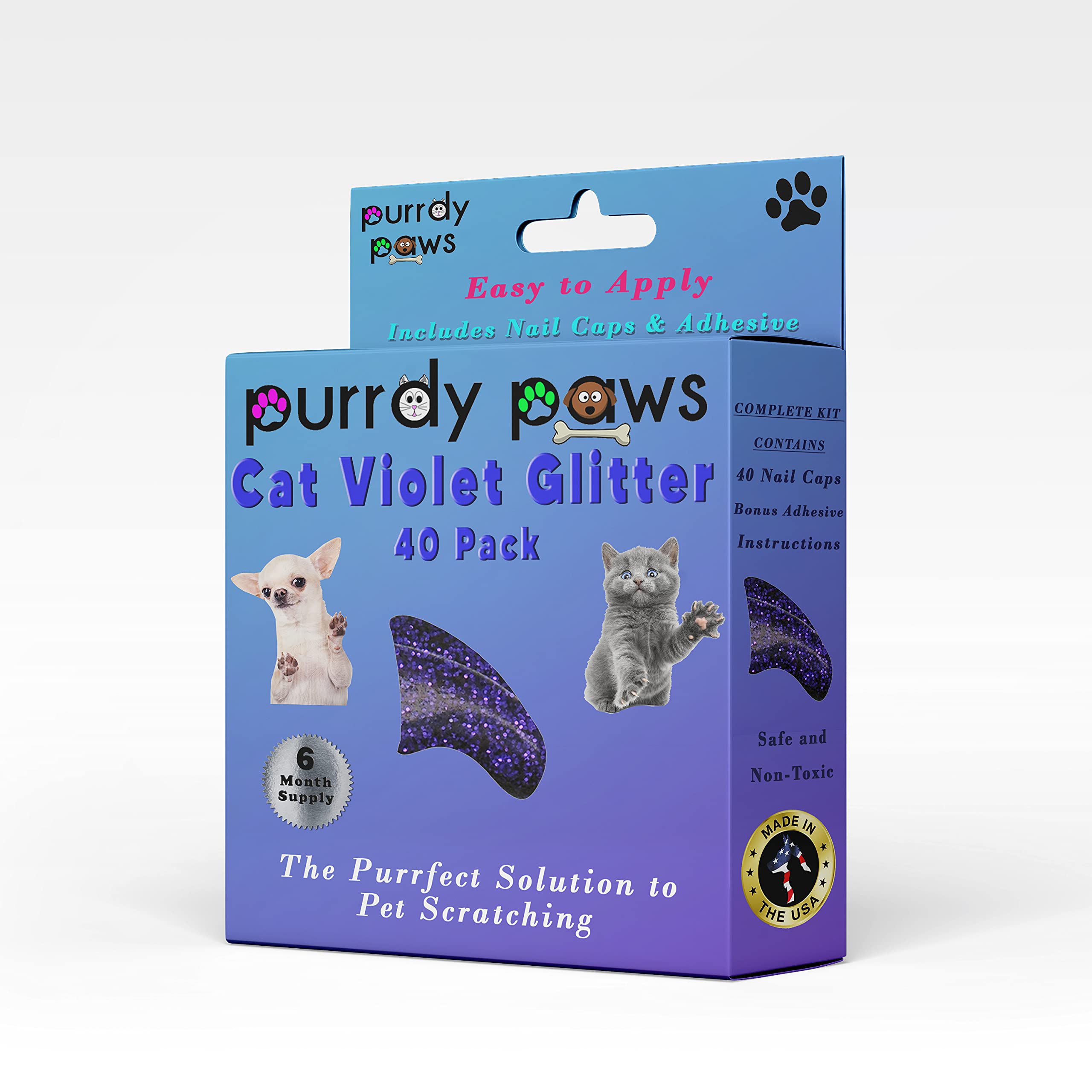 Purrdy Paws 6 Month Supply Soft Nail Caps For Cats Violet Glitter Medium - Extra Adhesives
