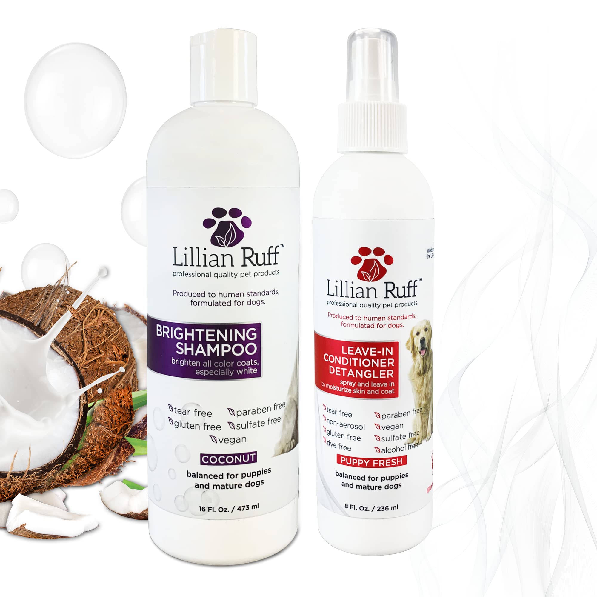 Lillian Ruff Ultra-Brightening Professional Dog Whitening Shampoo & Leave-In Dog Conditioner Detangler Spray Set - Ph-Balanced, 