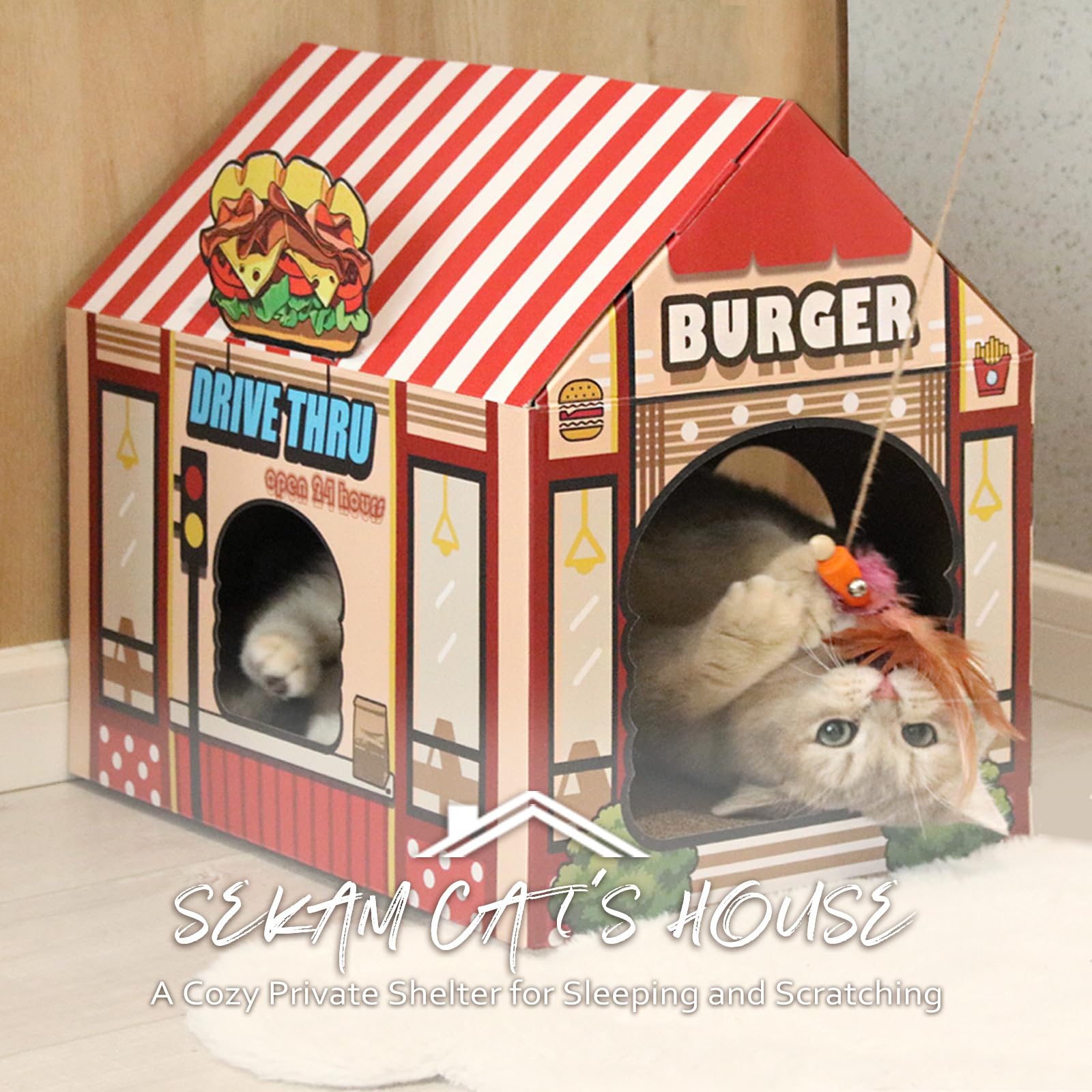 Sekam Cardboard Cat House With Scratcher/Catnip,(16.5''X12''X15'') Kitty Burger Shop For Indoor/Outdoor Cats,Cat Play House&Home Decor,Cat Scratch Toy For Cat Birthday,Hideout For Bunny&Small Animals
