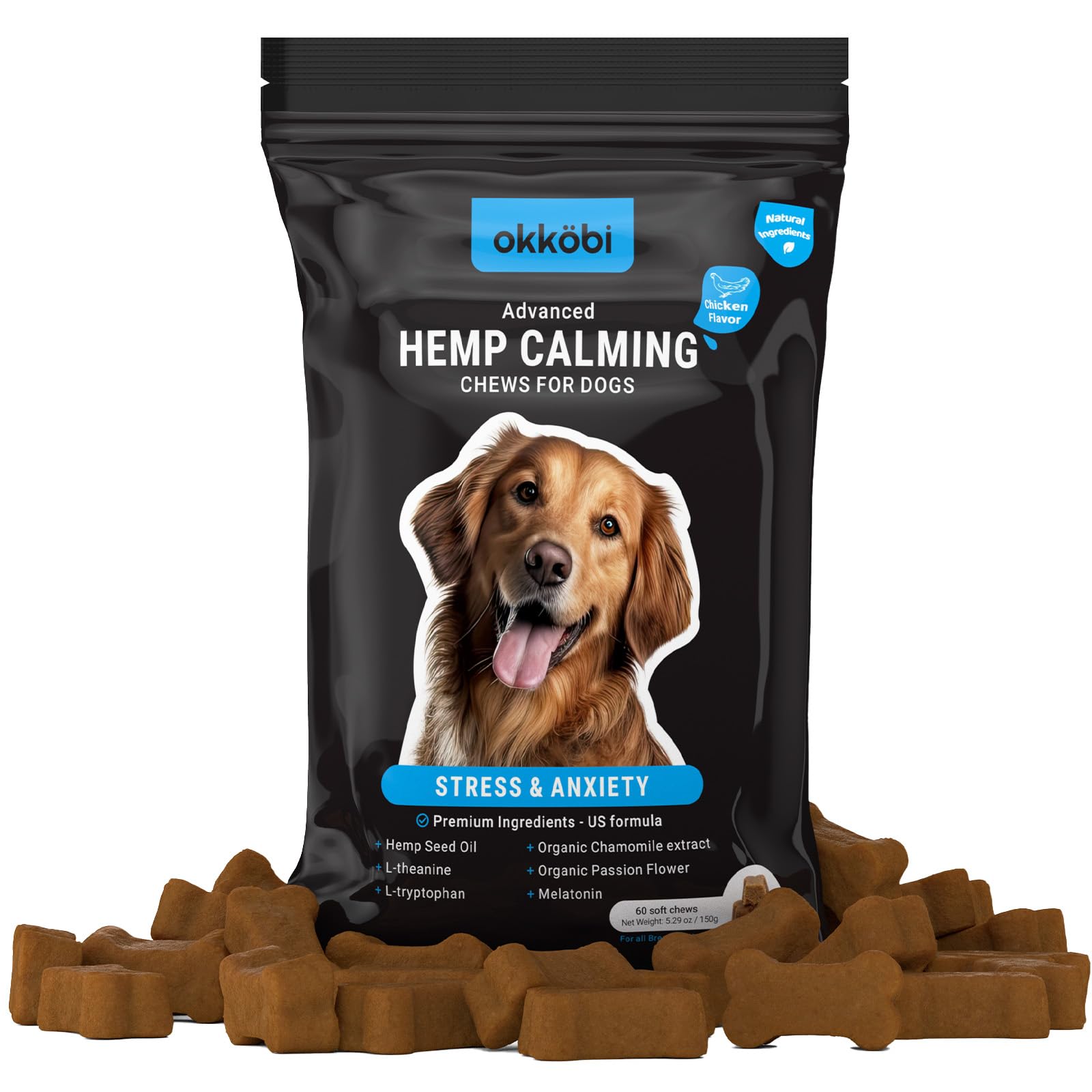 Hemp Calming Chews for Dogs Anxiety 60 pcs - Chicken Flavored - Dog Anxiety Relief - Dog Calming Chews - Melatonin for Dogs - fo