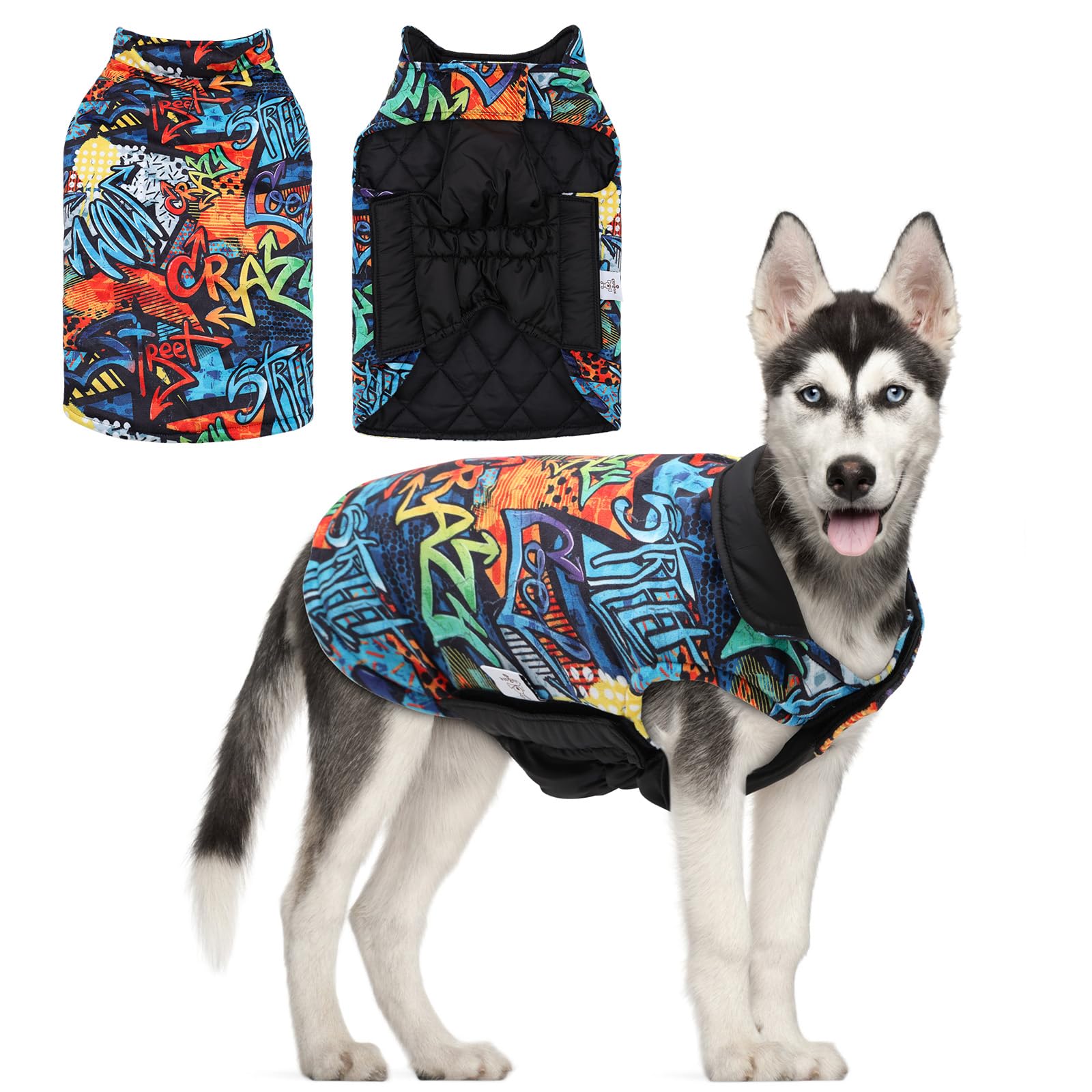 Gmf32M Winter Dog Coat - Waterproof Windproof Reversible Jacket - Thick Soft Coat With Leash Hole - Adjustable For Small To Larg