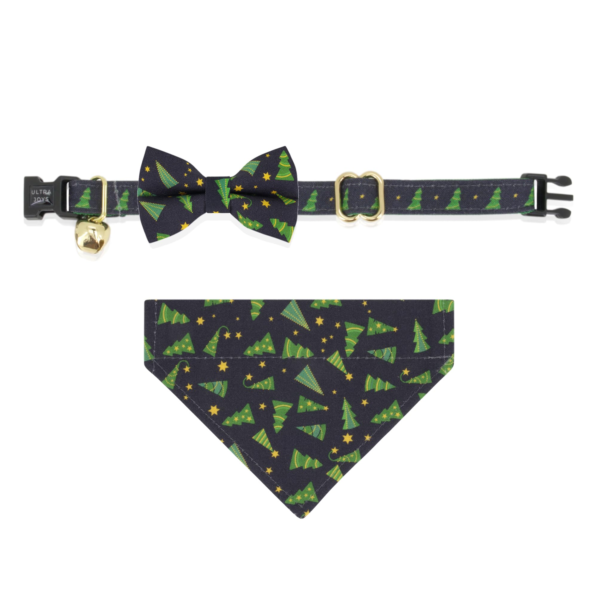 Ultra Joys Breakaway Cat Collar With Bells - Boy & Girl Kitten Collar With Bandana And Bowtie - Christmas Tree Large