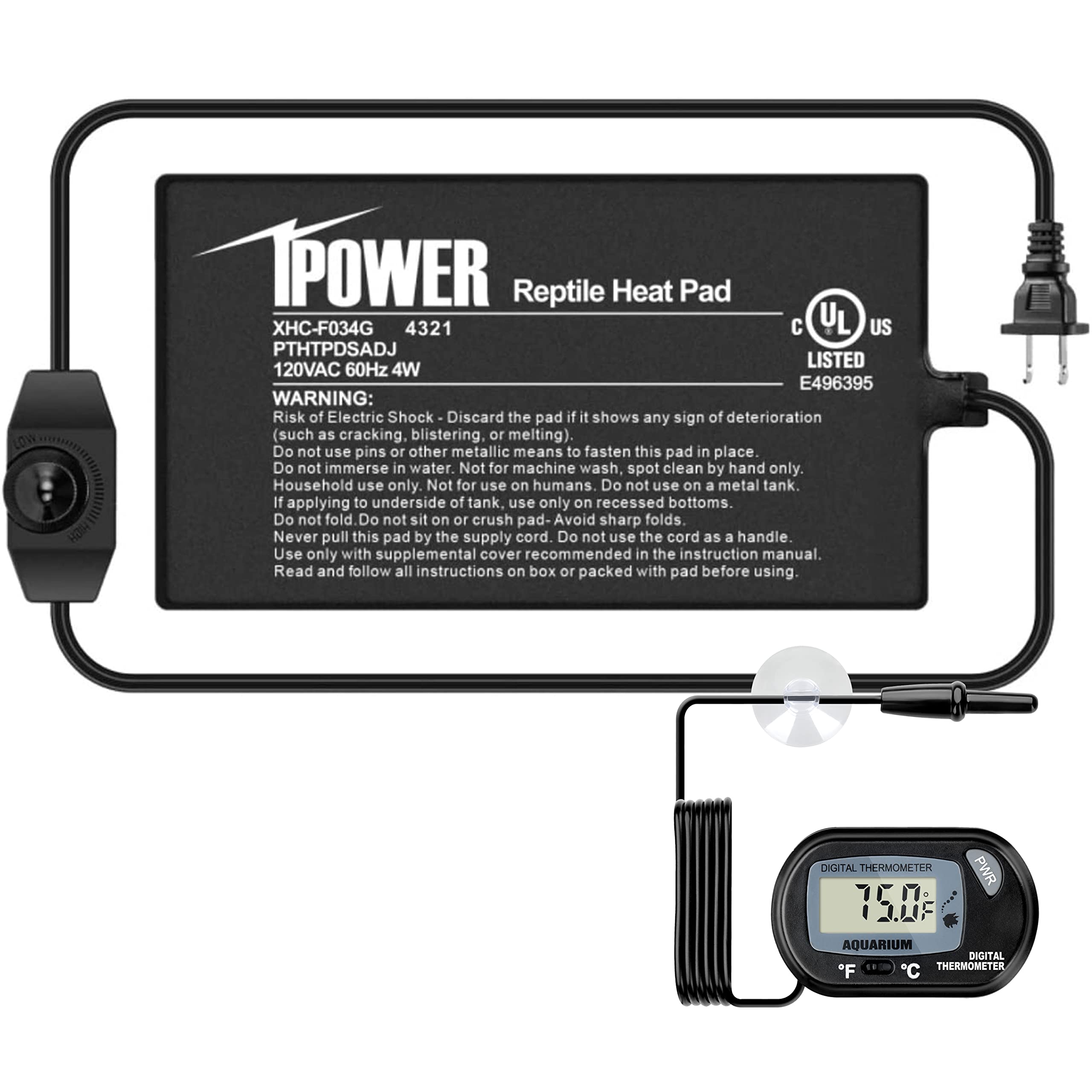 Ipower 4 By 7-Inch Reptile Heat Mat With Temperature Adjustable Controller Knob, Lcd Digital Aquarium Thermometer, Under Tank Wa