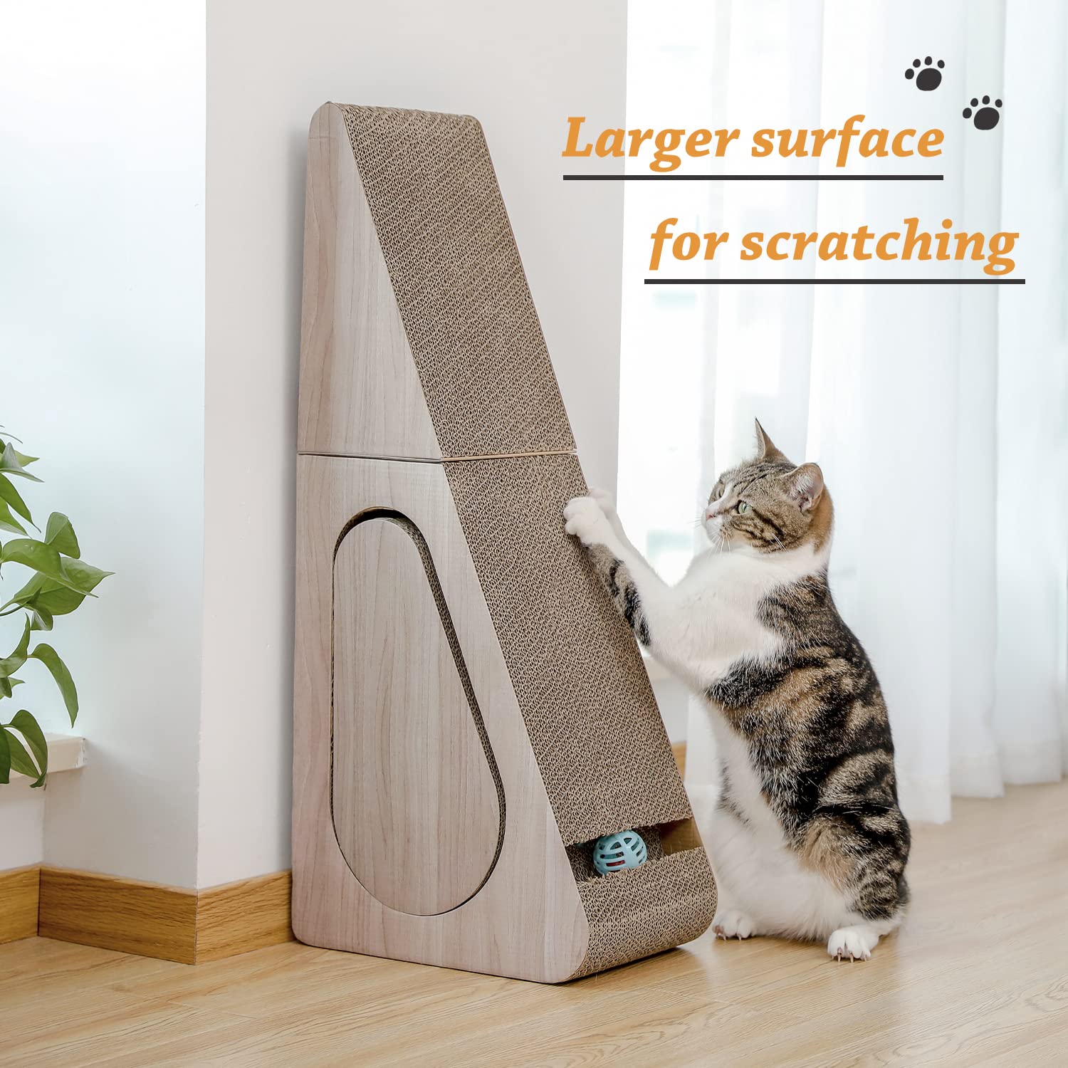 Pawz Road Cat Scratching Post, 2 In 1 Large 28.3' Corrugated Cat Scratcher Three Sided Use Scratching Pad With Balls For Indoor Cats And Kittens