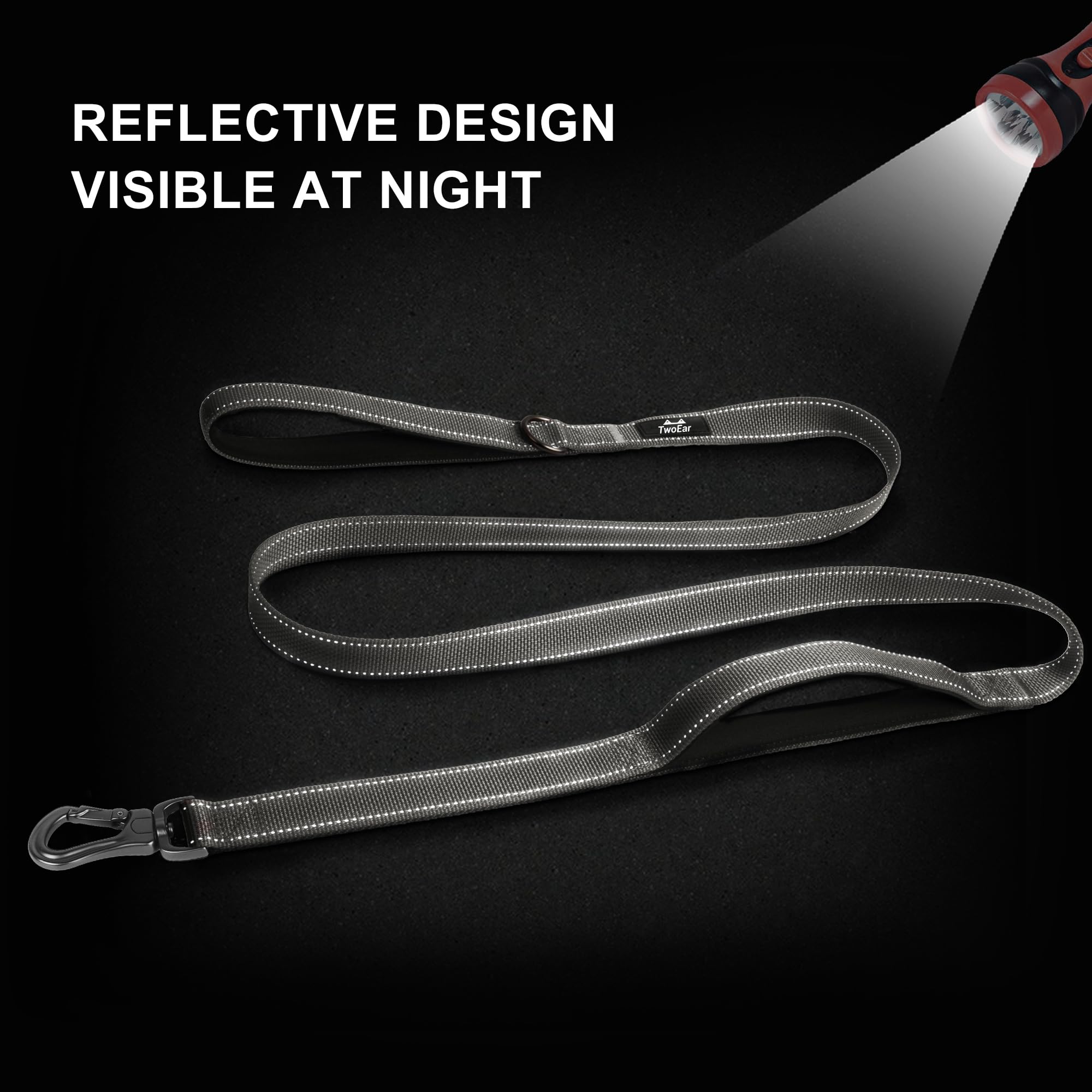 Twoear 5Ft 1In Strong Gray Dog Leash With 2 Padded Handles, Traffic Handle Extra Control, Comfortable Soft Dual Handle, Auto Lock Hook, Reflective Walking Lead For Small Medium And Large Dogs