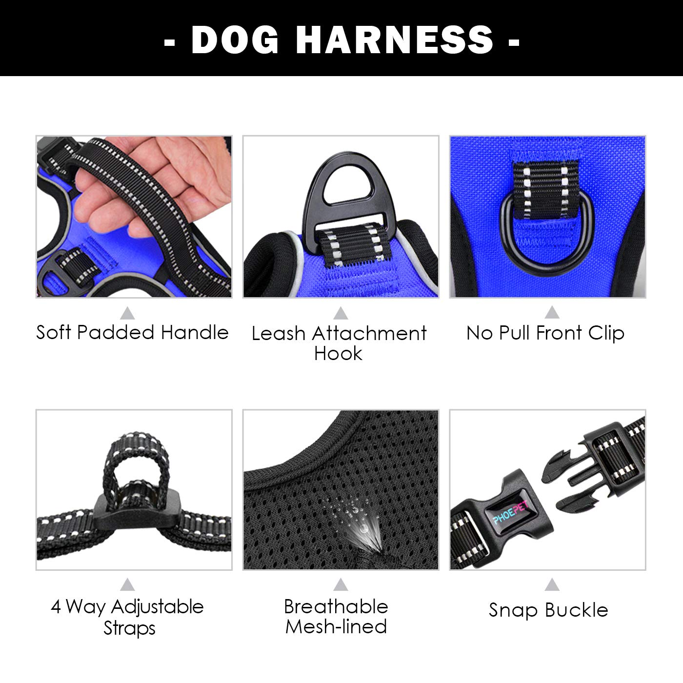 Phoepet No Pull Dog Harness Medium Reflective Front Clip Vest With Handle,Adjustable 2 Metal Rings 3 Buckles,[Easy To Put On & Take Off](Xl, Royal Blue)