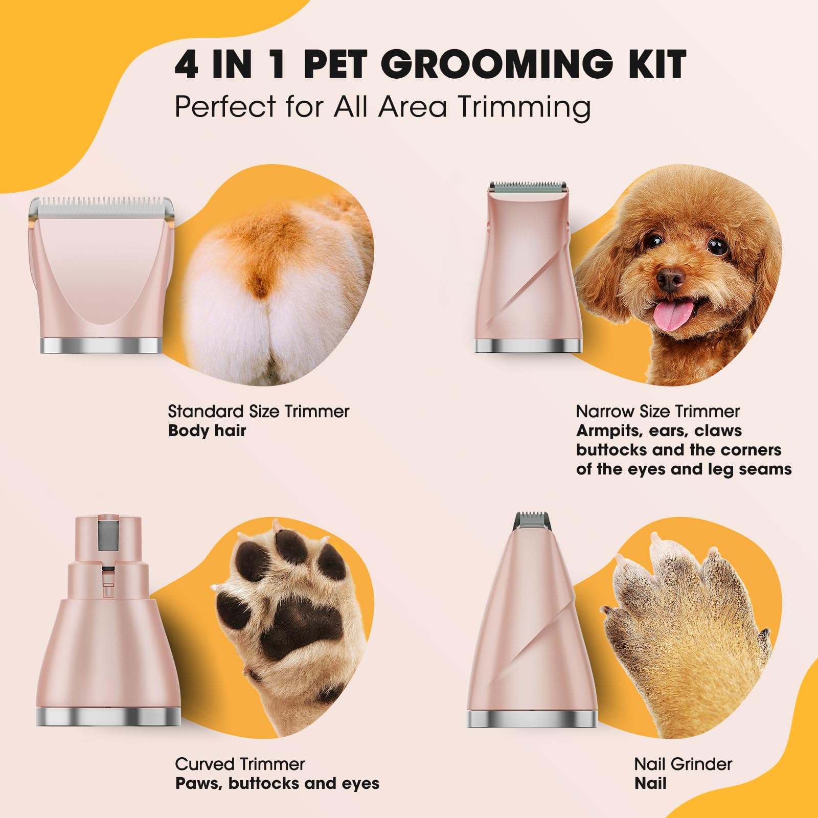Qreeyx Upgrade Dog Grooming Kit, Cordless Dog Paw Trimmer, 4 In 1 Low Noise Pets Hair Clipper Grooming Kit, 2-Speed Nail Grinder