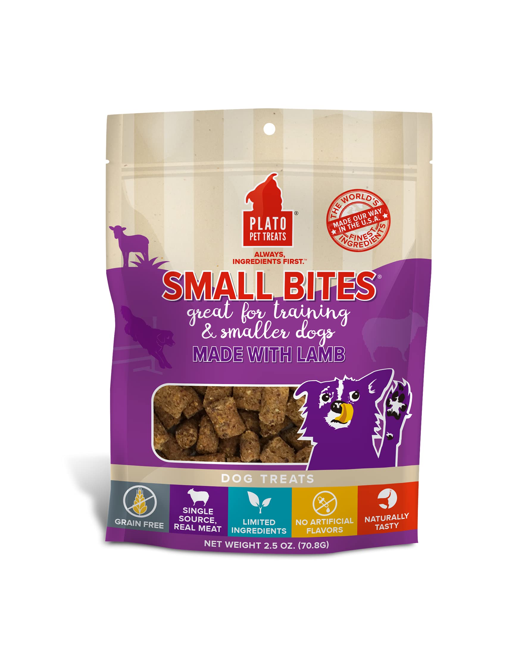 PLATO Pet Treats Small Bites - Air-Dried Training Treats for Dogs - Supports Healthy Digestion - Limited Ingredients - Lamb 2.5o