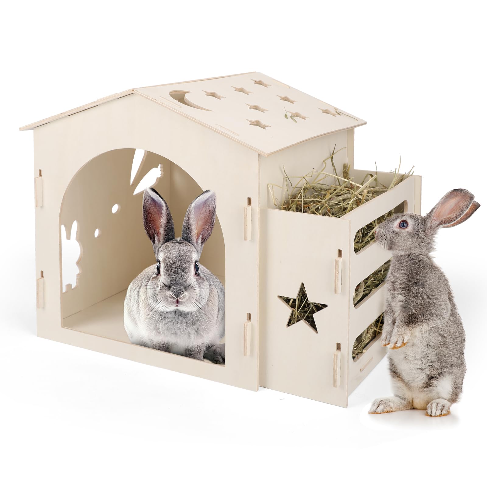 Extra Large Rabbit House & Rabbit Hay Feeder, Indoor Bunny House With Bunny Hay Feeder, Small Animal Houses & Habitats And Guine