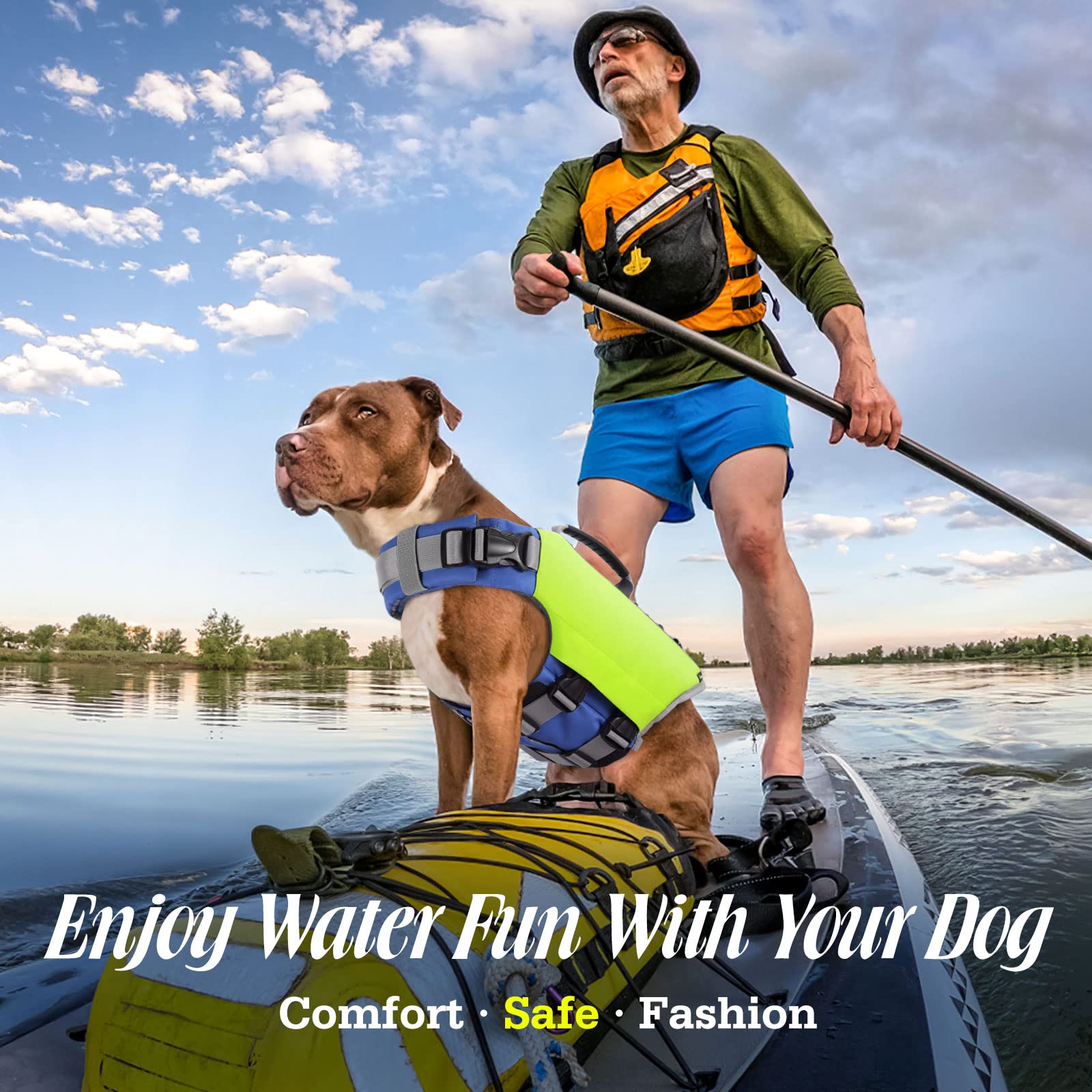 Pawaboo Reflective Dog Life Jacket, Dog Safety Vest Adjustable Pet Life Preserver With Strong Buoyancy & Sturdy Rescue Handle, D