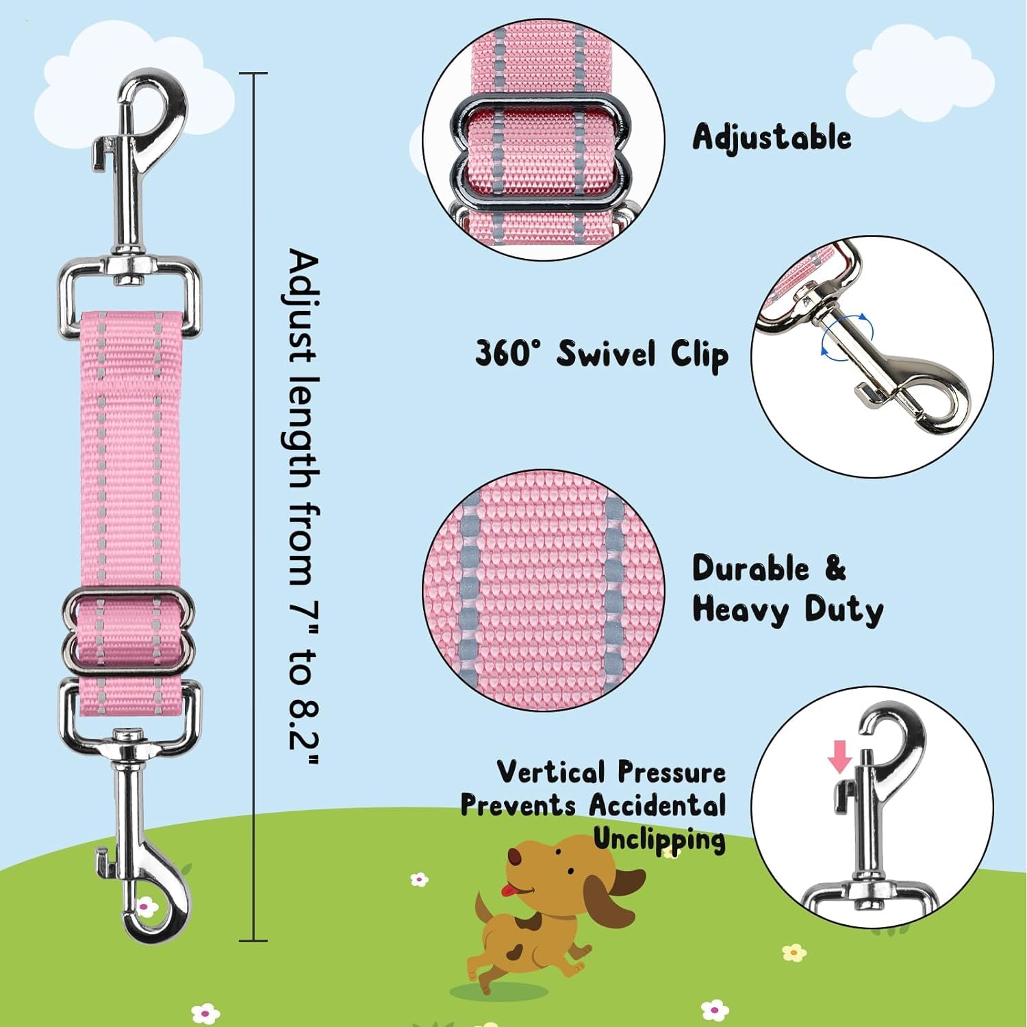 YUEPET Adjustable Dog Safety Collar Clips 2 Pack, Reflective Prong Collar Backup Clips, Pink & Purple Leash Connectors for Harness and Collar