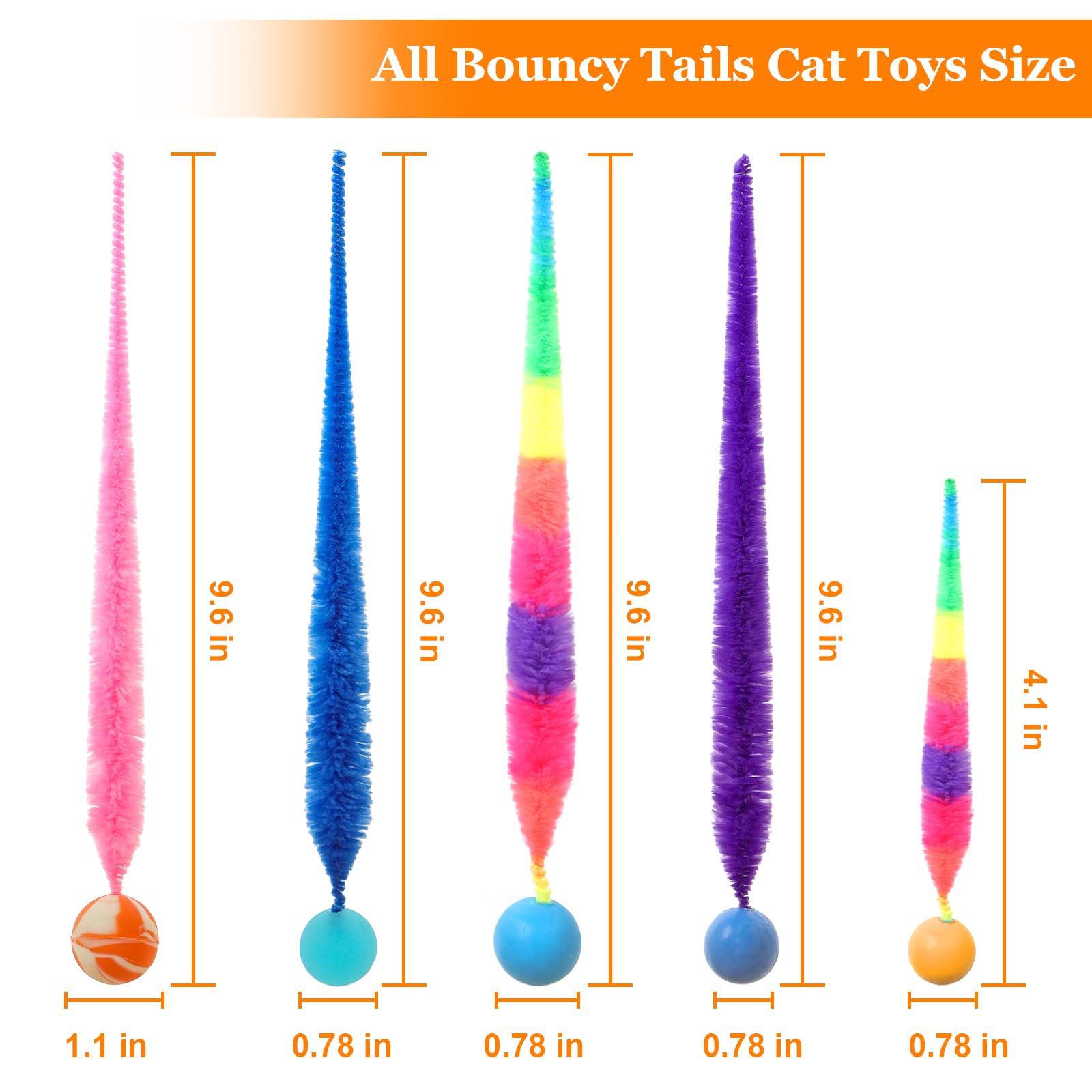 SHENGSEN Mixed Bouncy Ball with Tail Cat Toys-5 Packs,Rainbow Magic Worm with Ball Toy for Cats,Colorful Fuzzy Worm Bouncy Balls