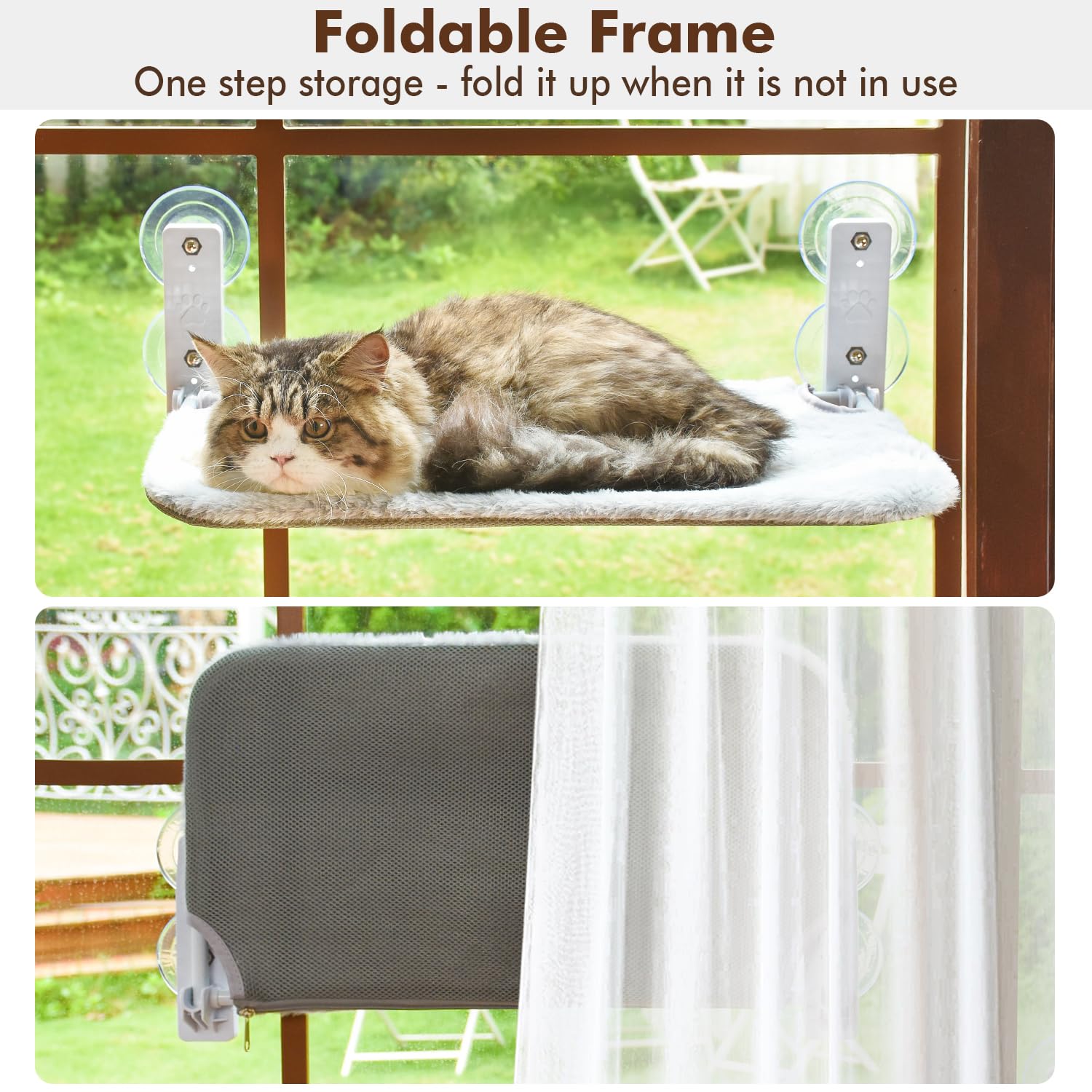 Amosijoy Cordless Cat Window Perch, Cat Hammock For Wall With 4 Suction Cups, Solid Metal Frame And Reversible Cover, Foldable C