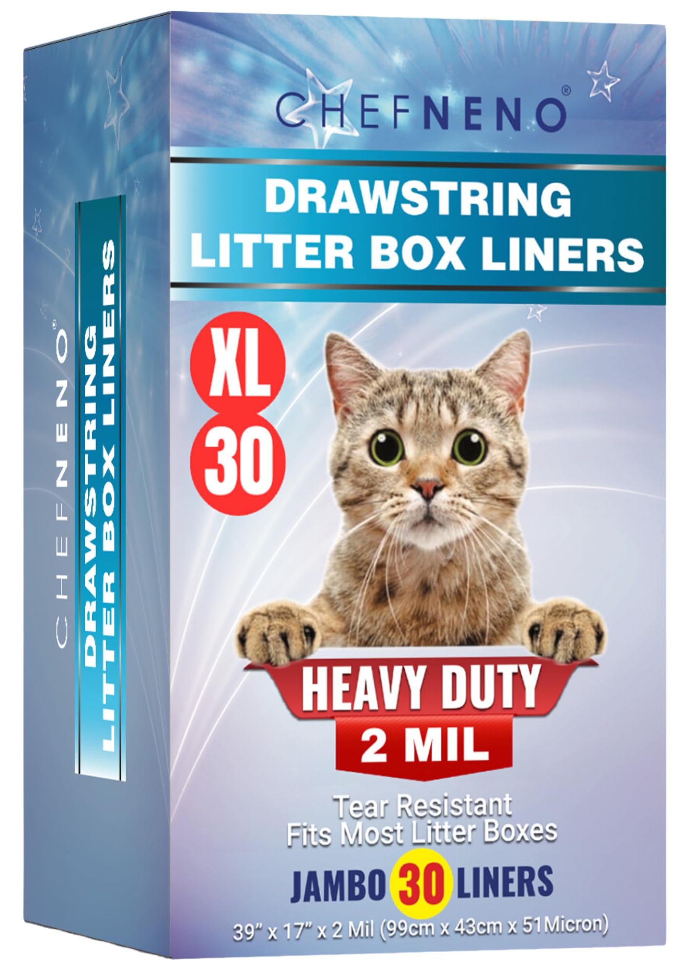 Cat Litter Box Liners Drawstring XL (30 Bags) 39 x 17 Super Jumbo Scratch Resistant Extra Heavy 2 Mil Disposable Litter Box Line