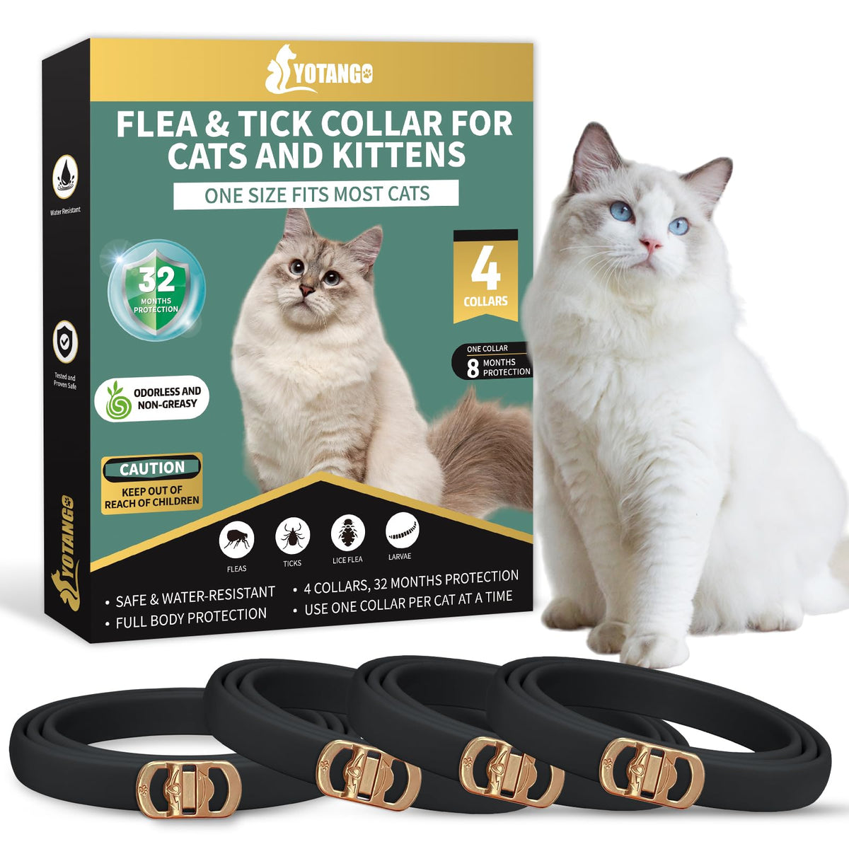 Yotango 4 Pack Flea Collar For Cats, 32 Months Flea And Tick Prevention For Cats, Waterproof Cat Flea Collar, Cat Flea And Tick 