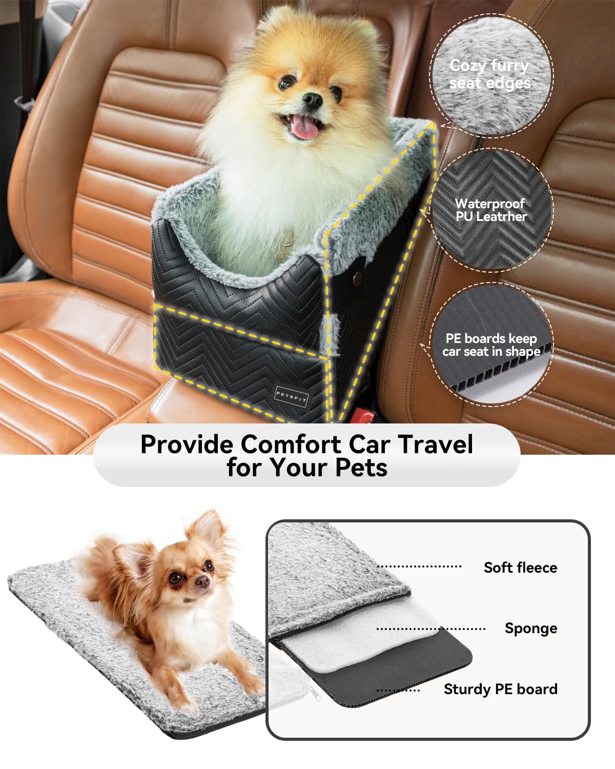 Petsfit Center Console Dog Car Seat With Safe Protection Hooks, Pet Car Seat With Upgraded Safety Tethers, Washable Cushion, Console Dog Car Seats For Small Dogs Up To 9 Lbs(Black)