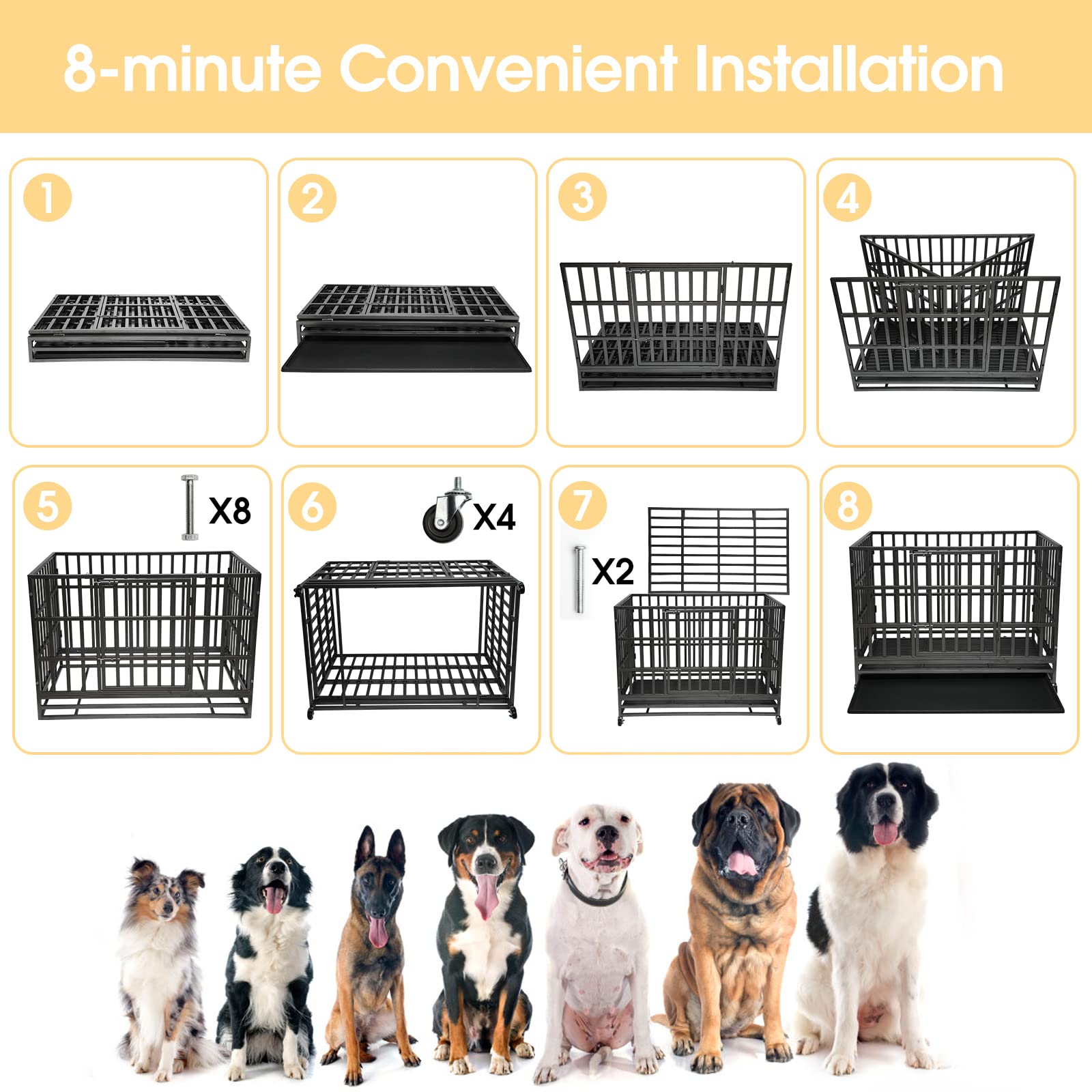 SHUSHIM Heavy Duty Dog Kennel Cage, 48" Alloy Steel, Double Doors, Lockable Wheels for Extra Large Breeds