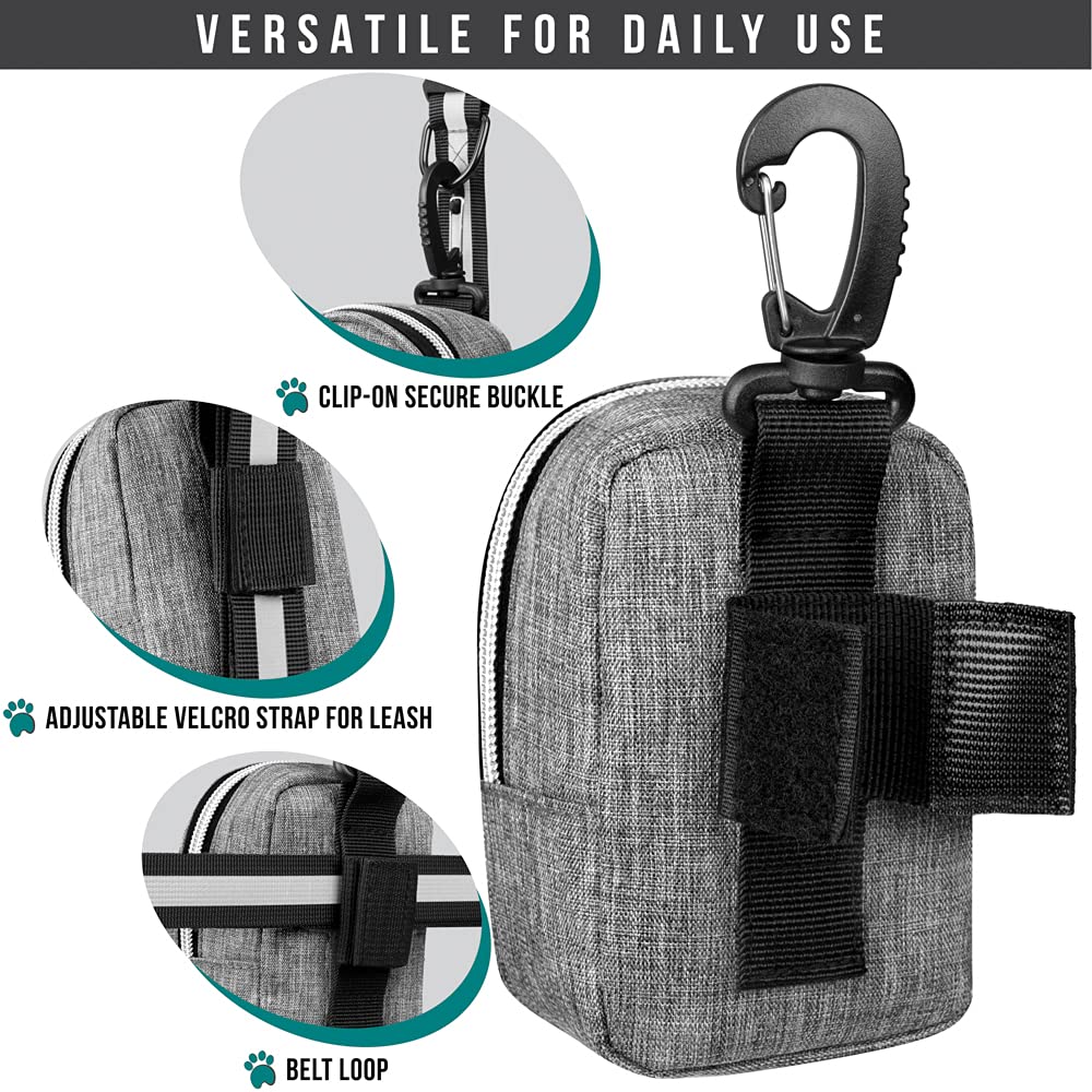 Petami Dog Poop Bag Holder | Dog Waste Bag Dispenser With Clip For Leash And Belt | Portable Fabric Doggy Waste Bag Holder For Walking Hiking Running Travel - With One Roll Of Dog Bag (Heather Gray)