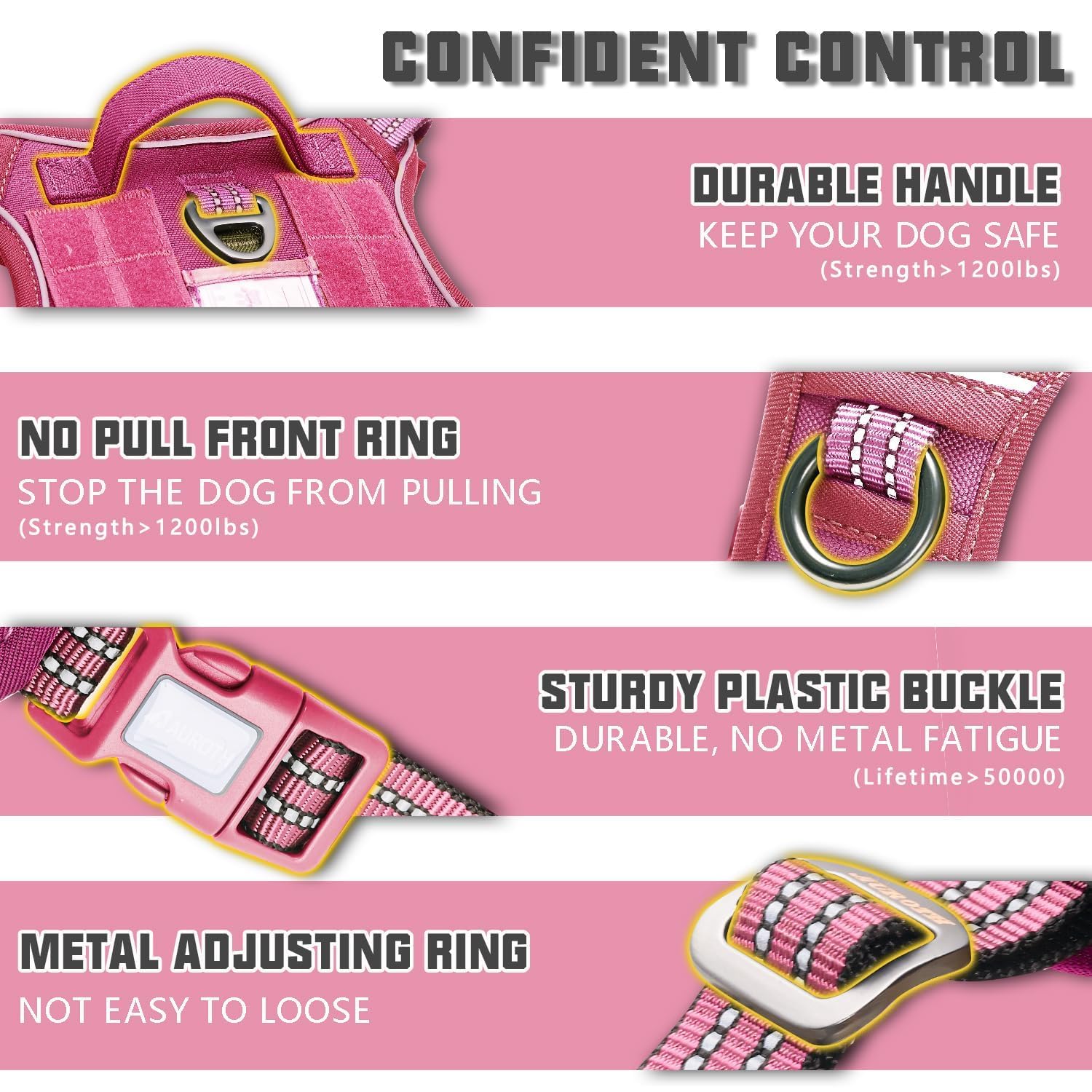 Auroth Tactical Dog Harness For Large Dogs No Pull Adjustable Pet Harness Reflective K9 Working Training Easy Control Pet Vest Military Service Dog Harnesses Rose Red L