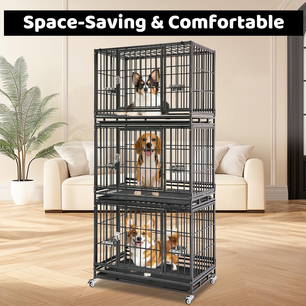Homey Pet Three Tiers 37 Inch Dog Crate 4 Pack, Escape Proof Dog Cage Kennel Indoor With Top Access And Lockable Wheels, Removab