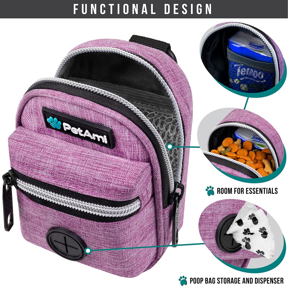 Petami Dog Poop Bag Holder | Dog Waste Bag Dispenser With Clip For Leash And Belt | Portable Fabric Doggy Waste Bag Holder For Walking Hiking Running Travel - With One Roll Of Dog Bag (Heather Purple)