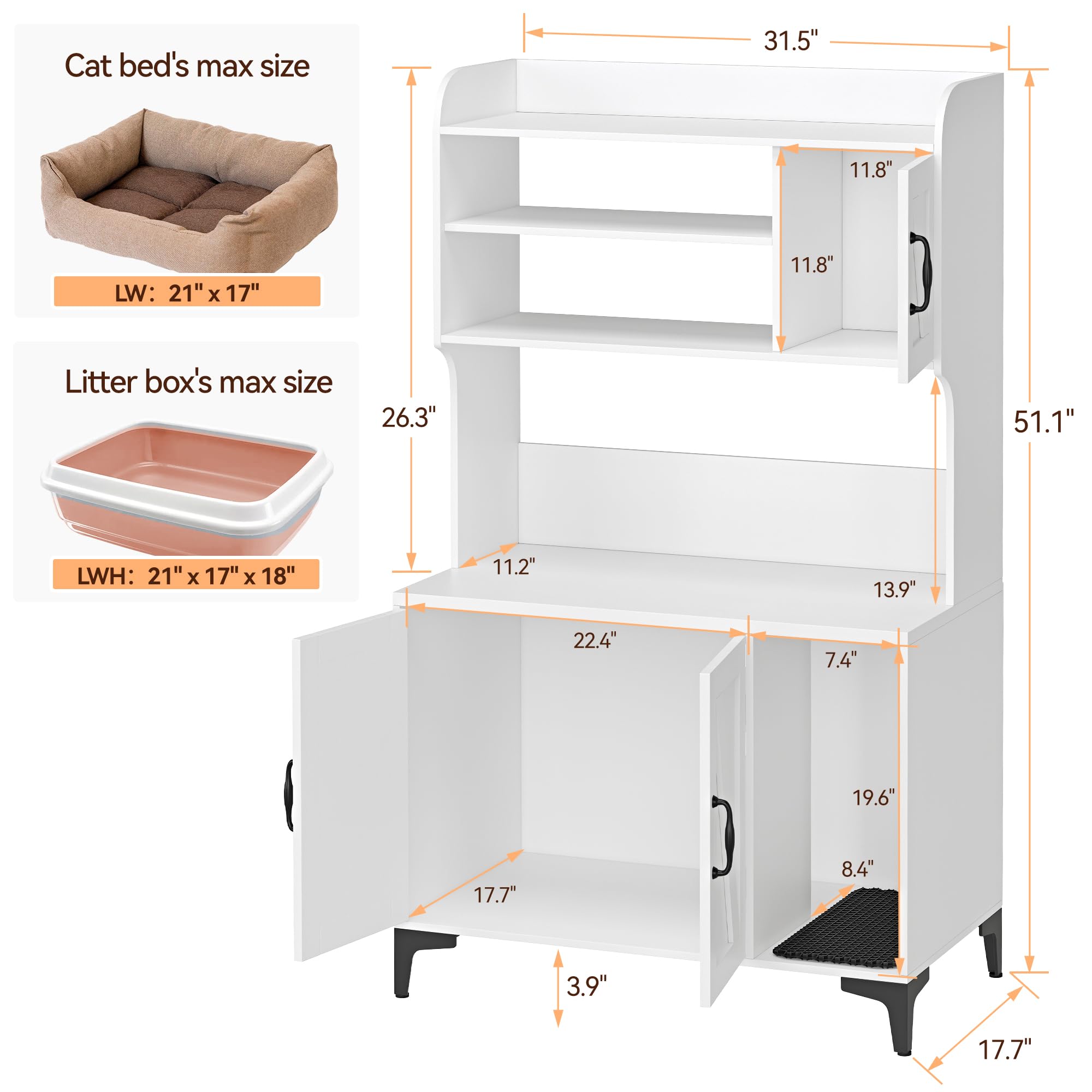 Gocaptain Cat Litter Box Furniture,Hidden Cat Box Enclosure With Shelf Storage,Cat Litter Box Enclosure, Wood Sturdy Cat Washroom Storage, Indoor Cat House Furniture, White