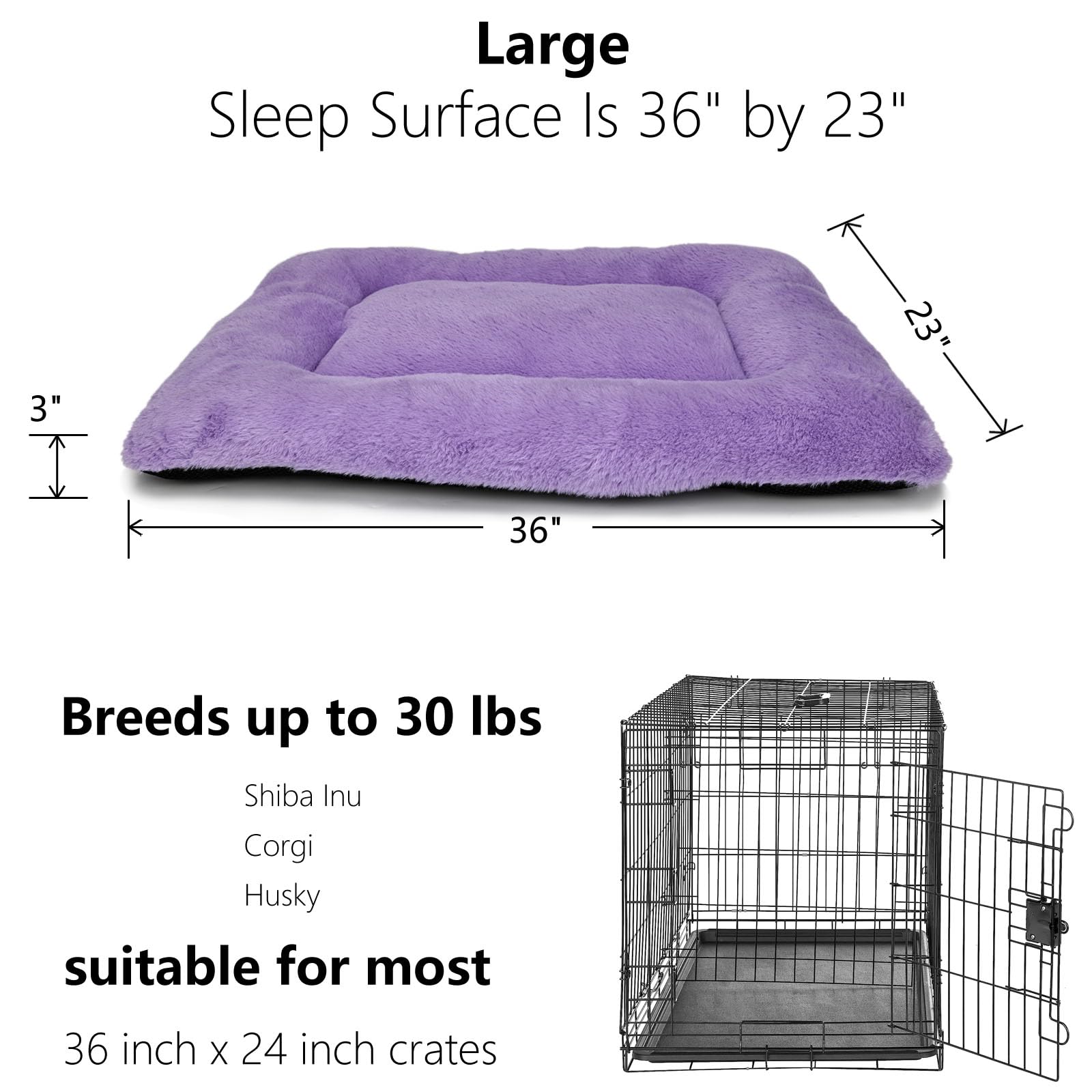 Wrkfree Dog Crate Bed 36 X 23 Purple For Small Dogs - Washable Comfy Fluffy For 36 Inches Cage Kennel - Indoor And Outdoor Use