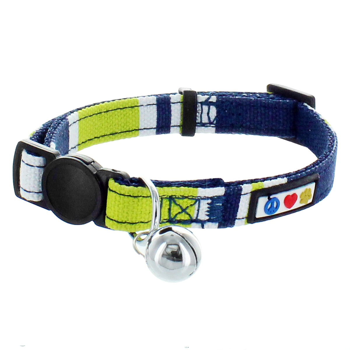 Pawtitas Pet Multicolor Cat Collar With Safety Buckle And Removable Bell Cat Collar Kitten Collar Green/White/Blue Cat Collar