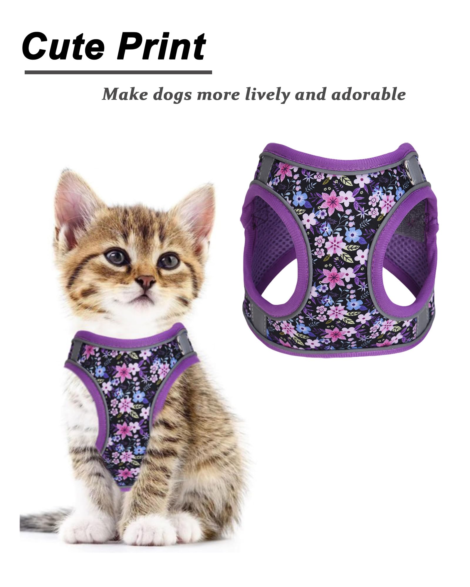 JUFOO XS Purple Flower Pattern Dog Harness and Leash Set,No Escape Easy Walk Puppy Harnesses for Training Walking,Breathable Adj