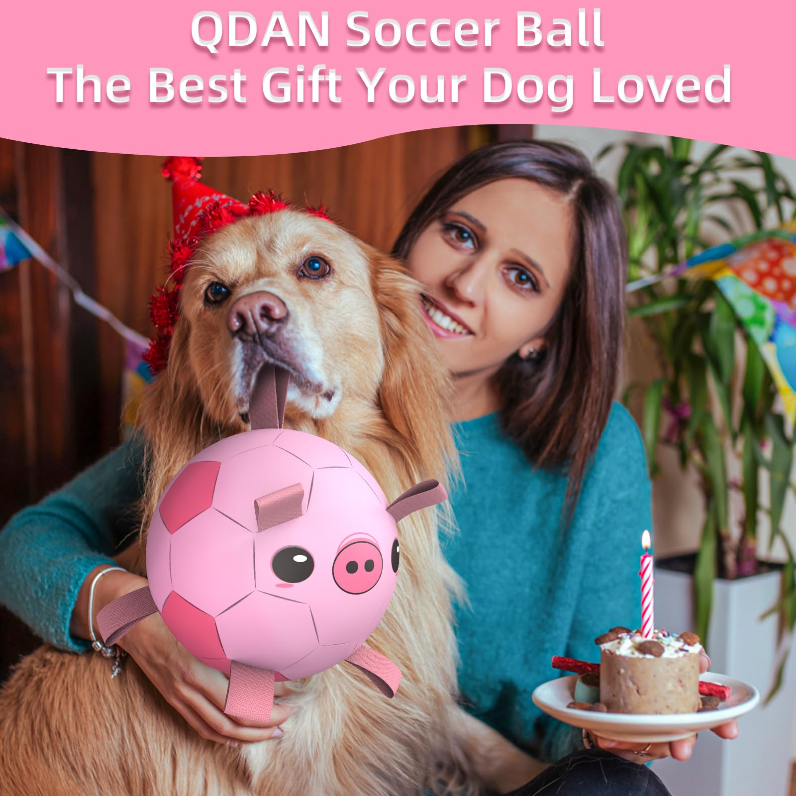 Qdan Dog Toys Soccer Ball With Straps, Interactive Toy For Tug Of War & Fetch, Puppy Birthday Gift, Medium & Large Dog - Pink Pi