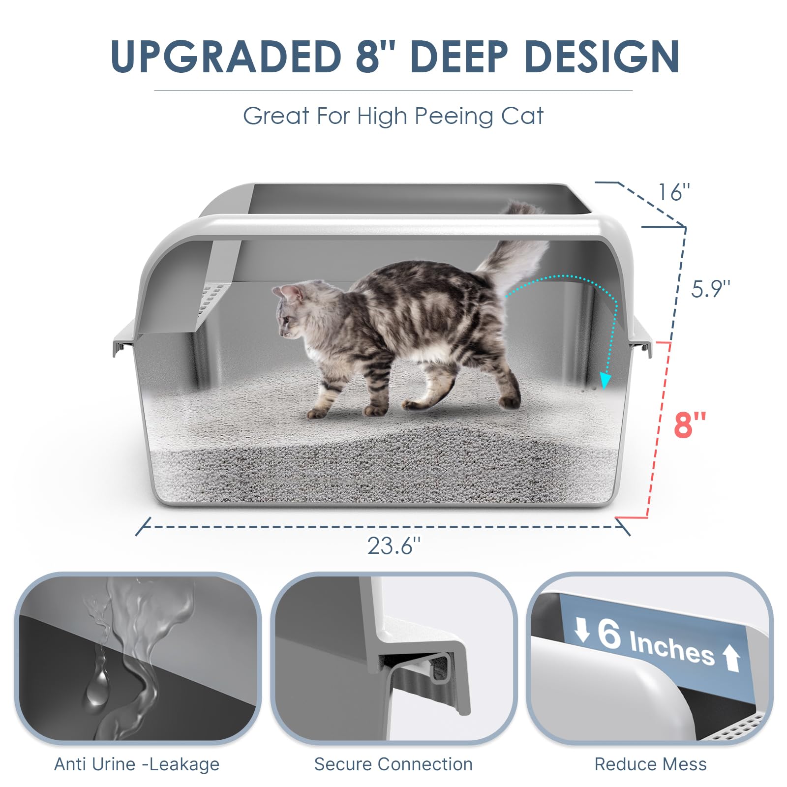 Suzzipaws 8' Deep Stainless Steel Cat Litter Box With Lid Extra Large Litter Box For Big Cats Xl Metal Litter Pan Tray With High Wall Sides Enclosure, Non-Sticky, Anti-Leakage, Easy Cleaning