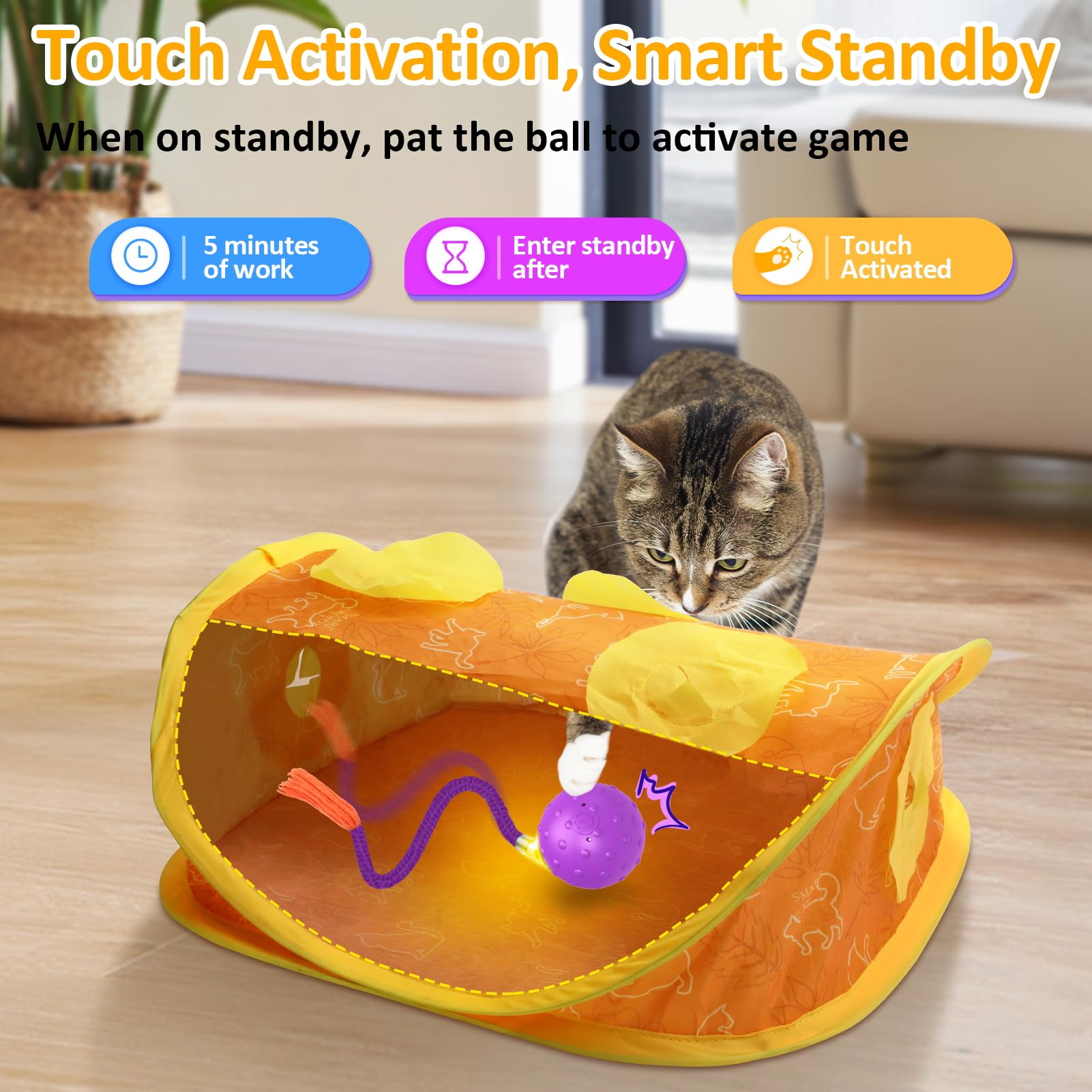 Saolife Interactive Cat Toys Ball Fast Rolling In Pouch, Touch Activated, Hide And Seek, Moving Ball With Tail, Real Mouse Squea