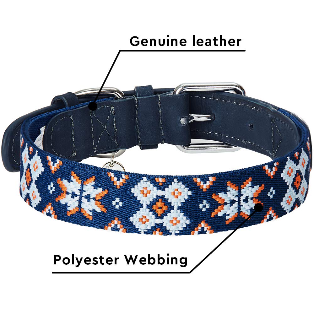 Blueberry Pet 3 Patterns Southwestern Modern Tribal Print Genuine Leather & Polyester Fabric Combo Dog Collar With Metal Buckle